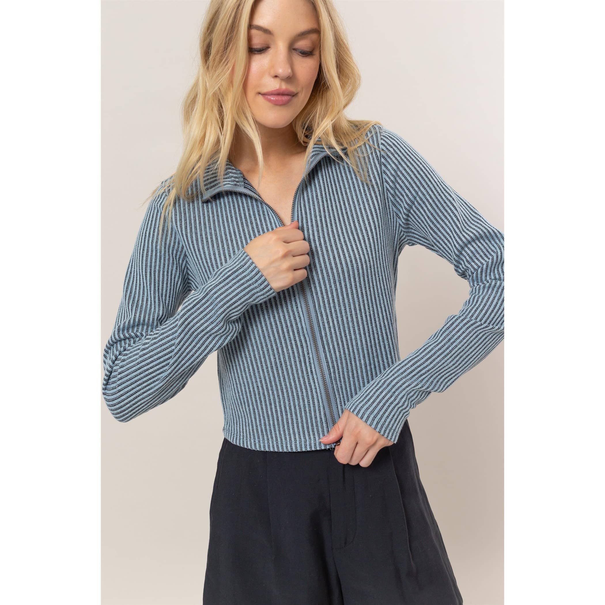Striped Zip-Up Knit Top: Light Blue
