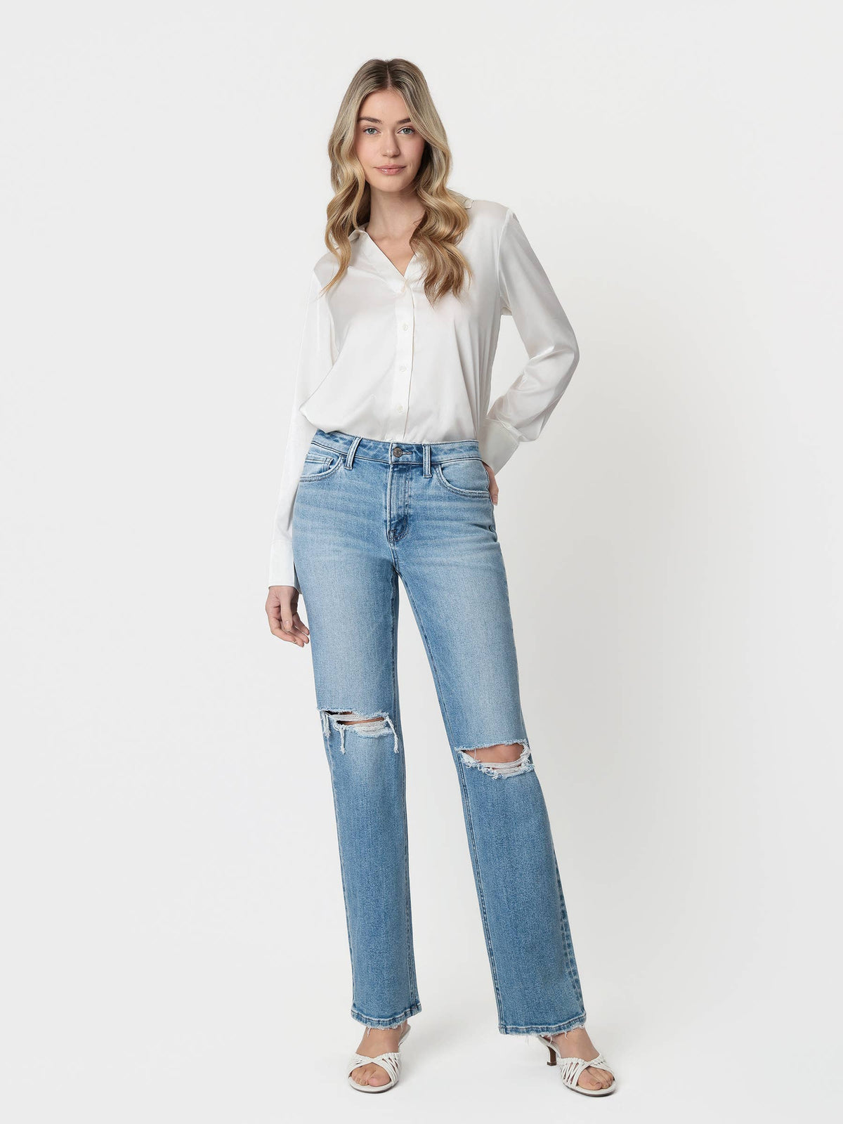Light Distressed Slim Wide Leg Jeans