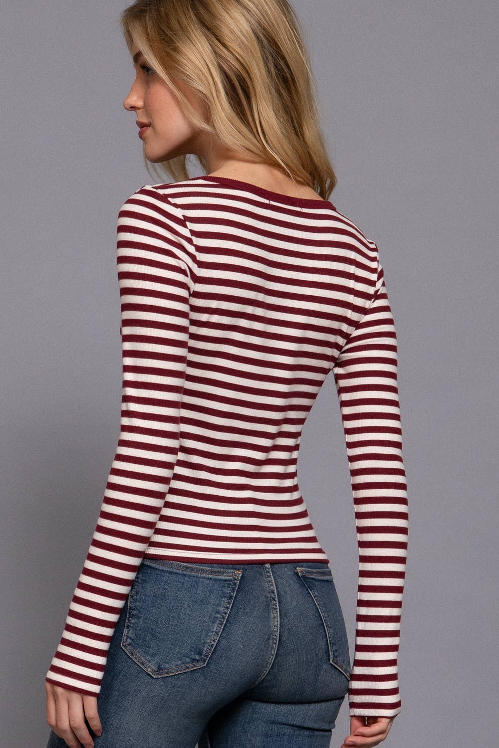 Striped Henley Top: Burgundy