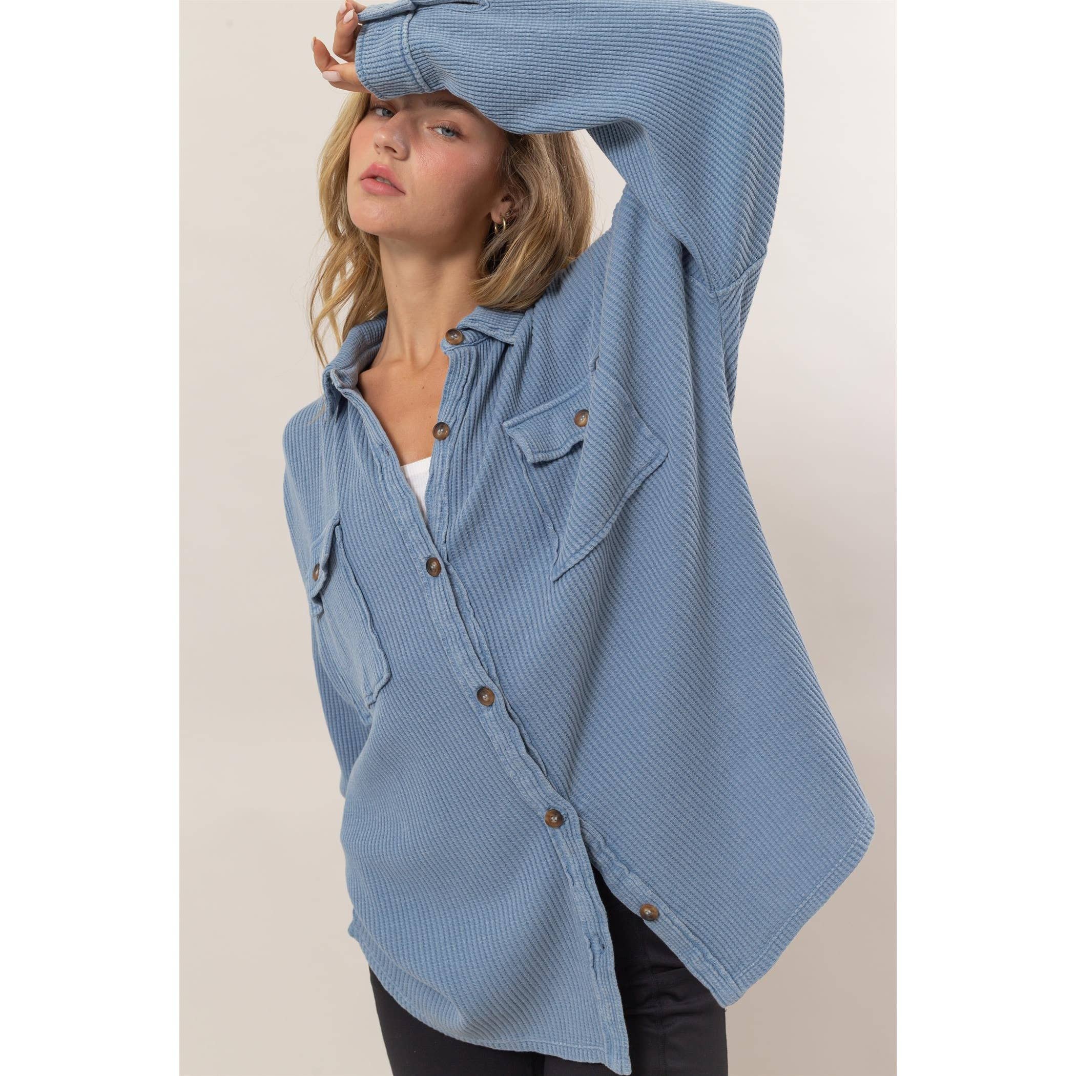 Waffle Shacket: Gray Blue