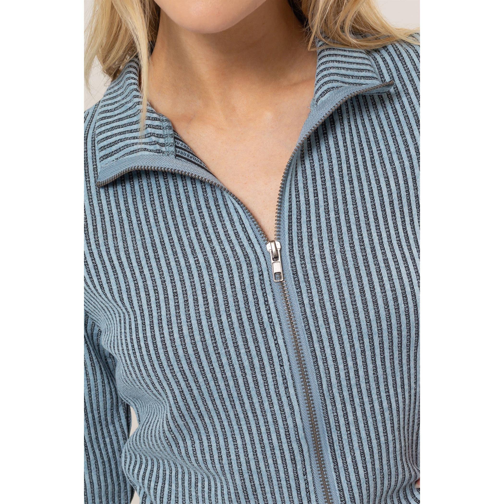 Striped Zip-Up Knit Top: Light Blue