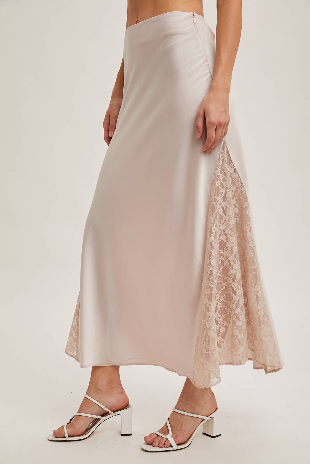 Lace Satin Midi Skirt: Pearl