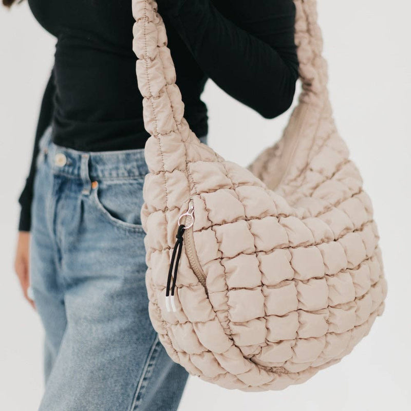 Carmen Quilted Hobo Tote Bag: Tan