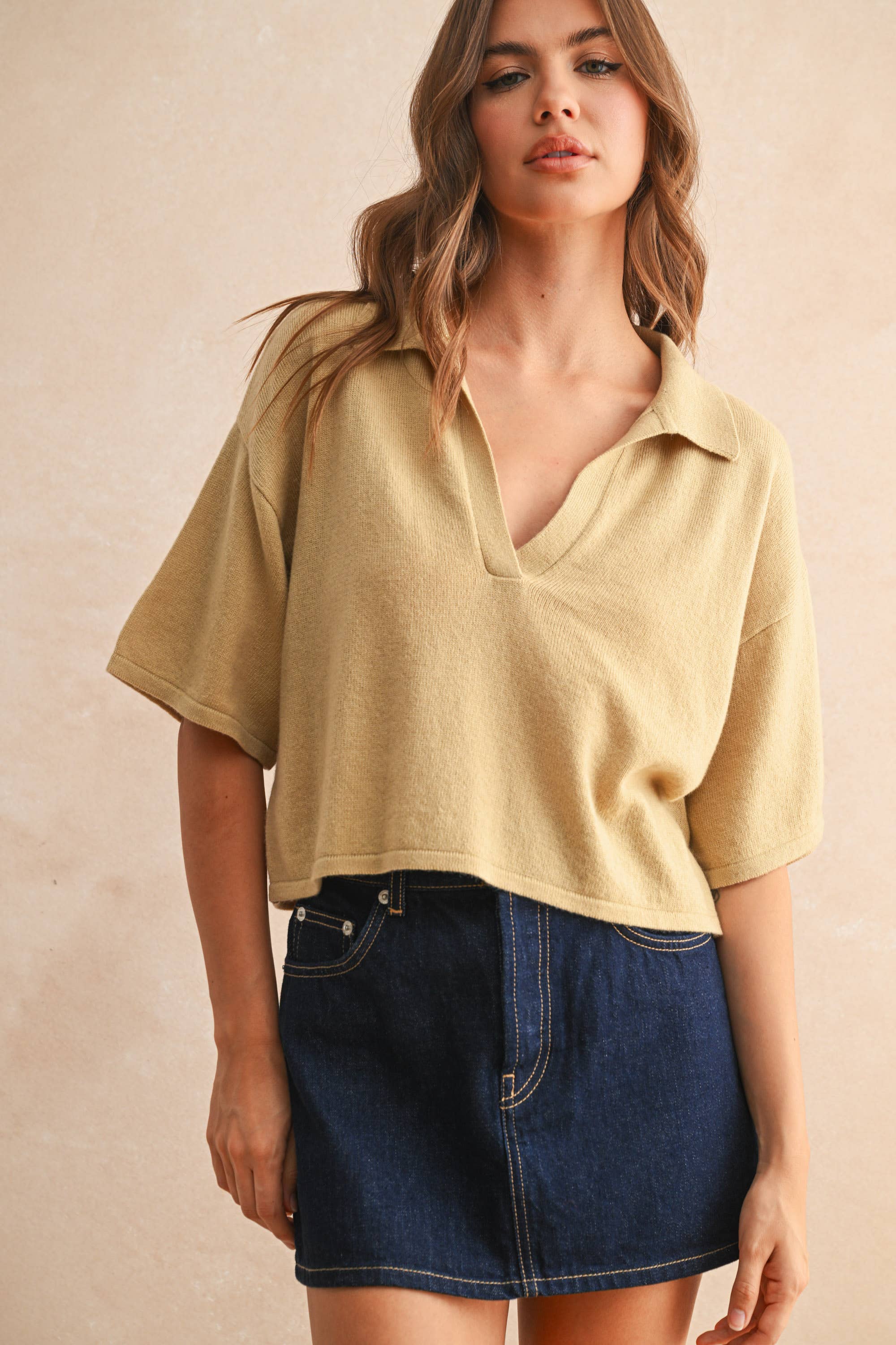 Crop Knit Polo Shirt: Charcoal