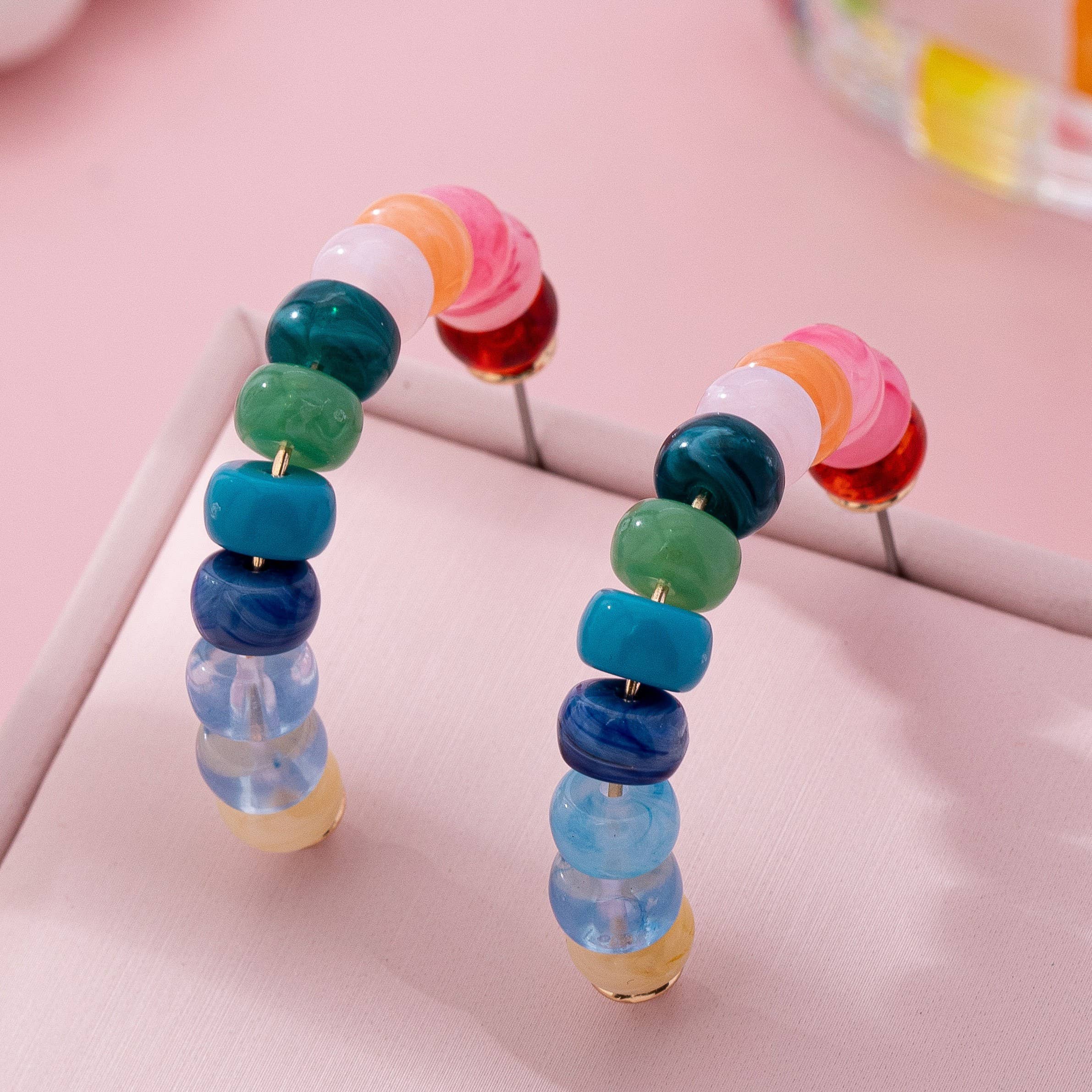 Rainbow Beaded Hoop Earrings: