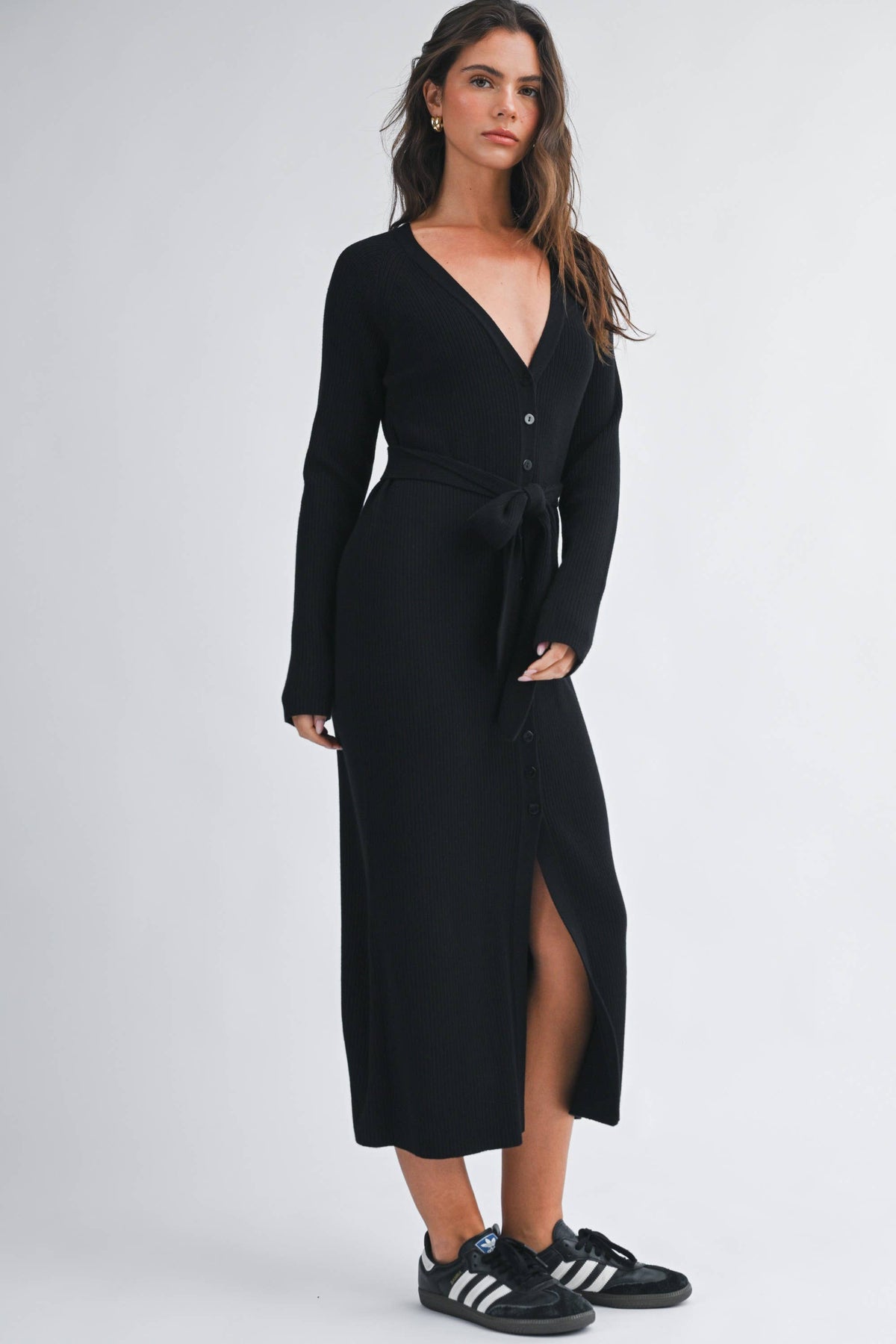 Ribbed Button Midi Dress: Black