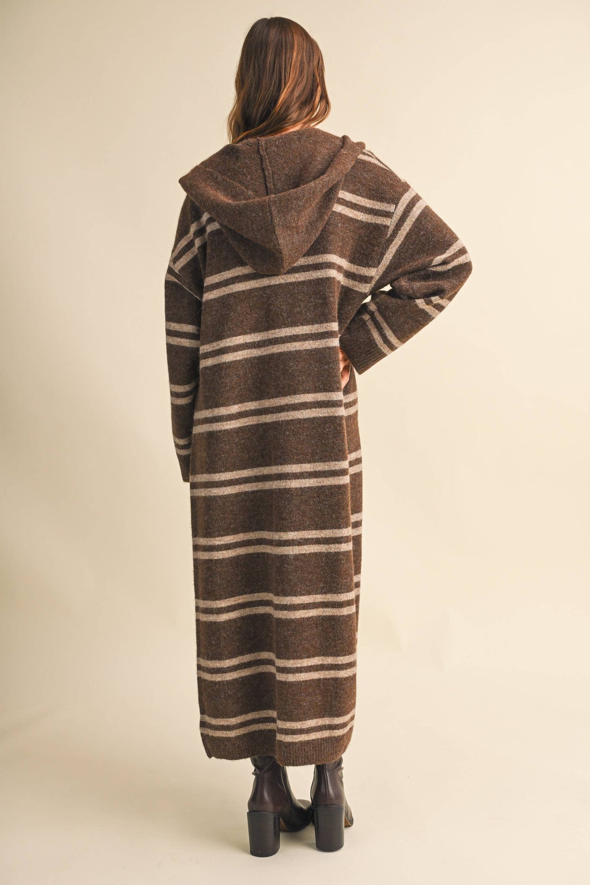 Striped Long Sweater Cardigan: Brown