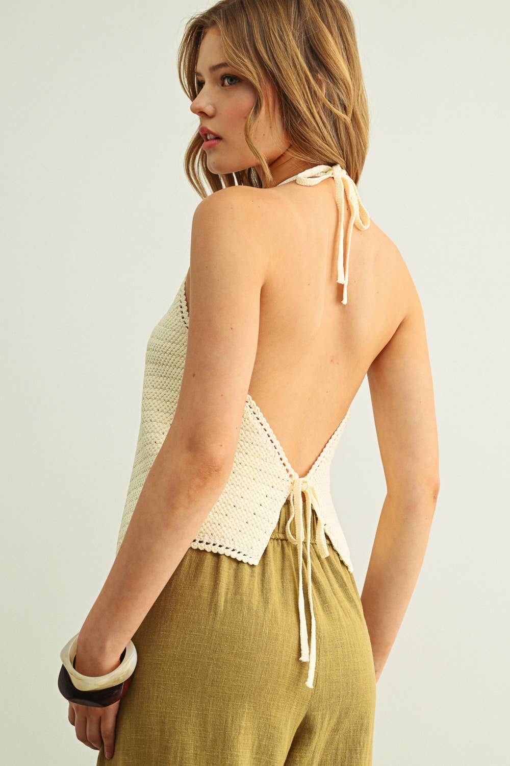 Crochet Knit Halter Top : Beige