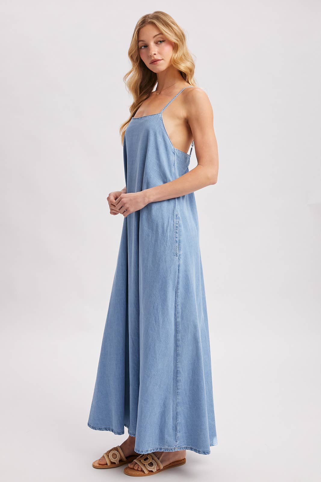 Denim Open Back Dress: Lt.Wash