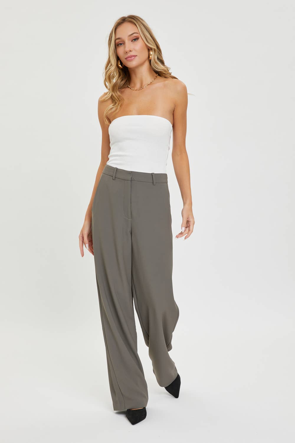 High Rise Trousers:Taupe/Grey