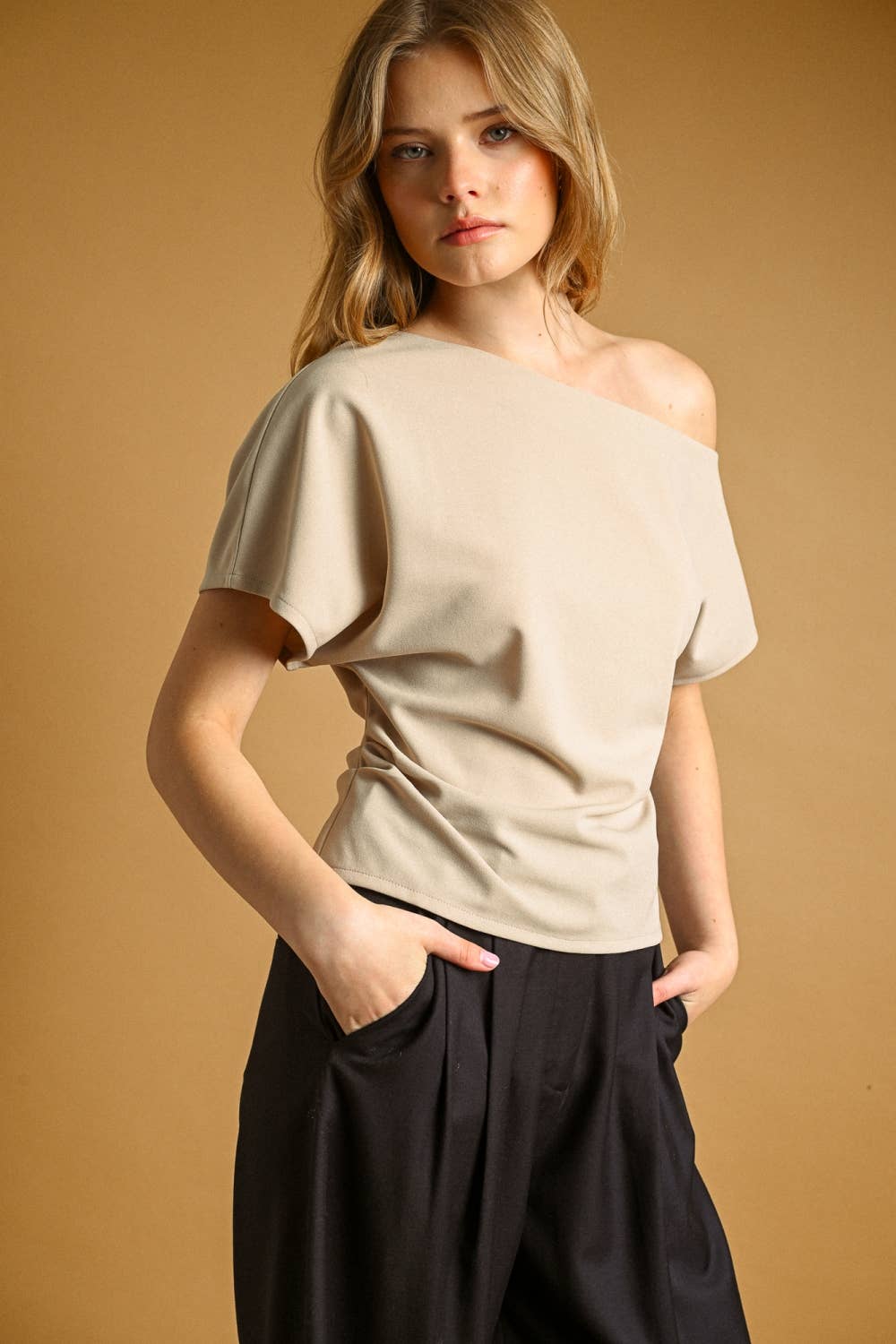 Boat Neck Asymmetric Top: Stone