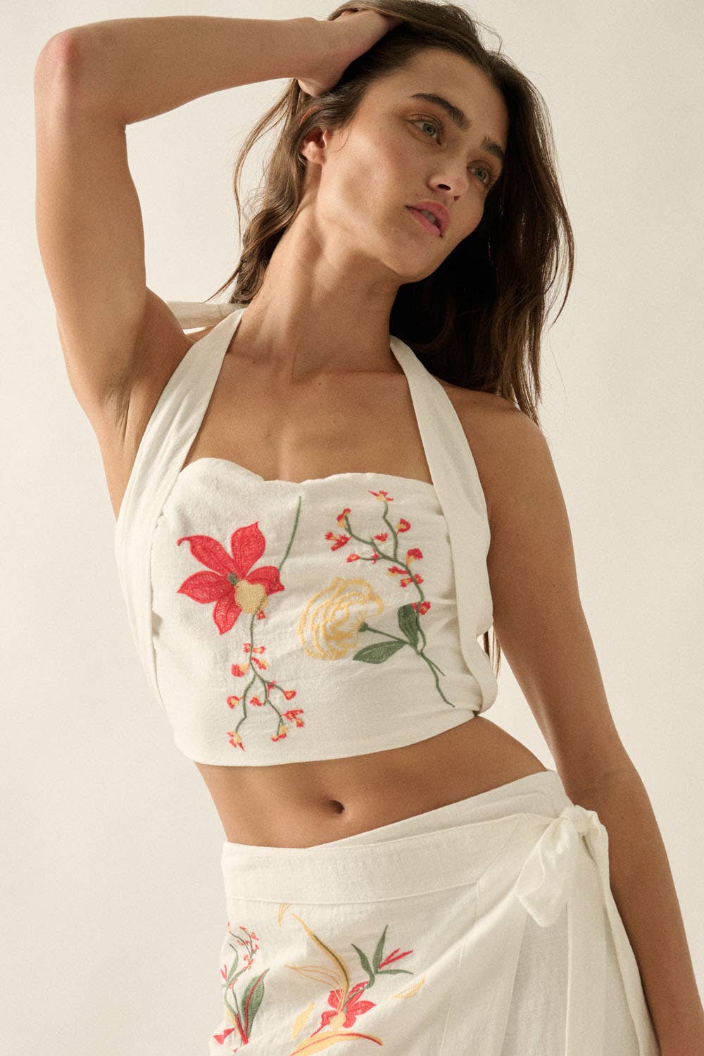 Embroidered Halter Top: Off White