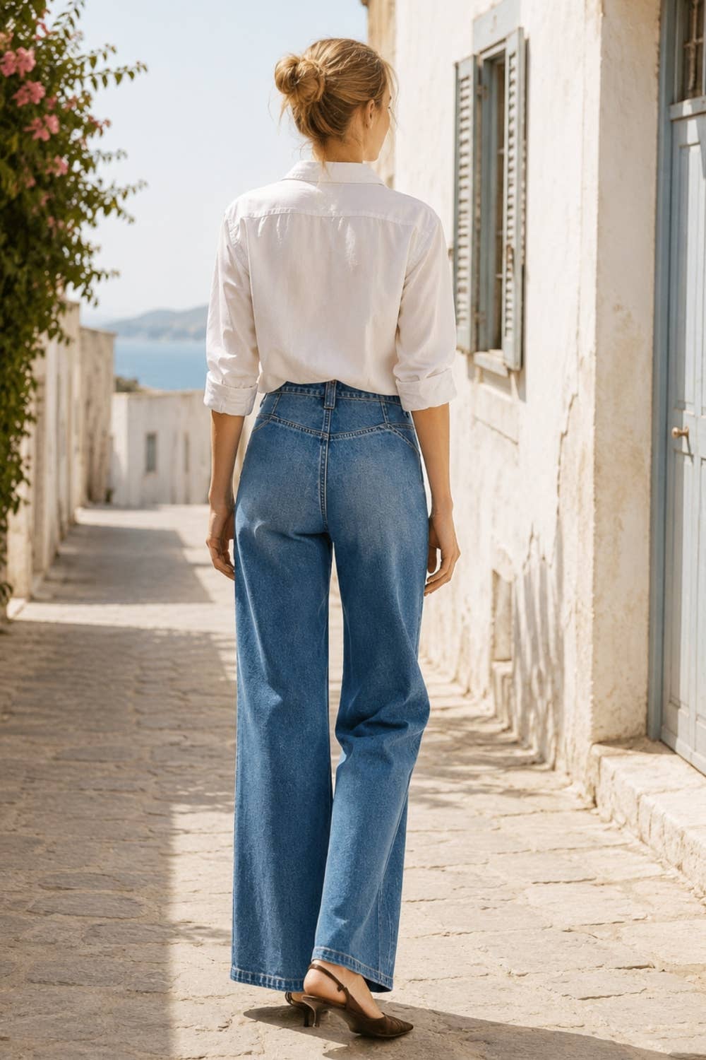 Denim Blue Wide Leg Jeans: