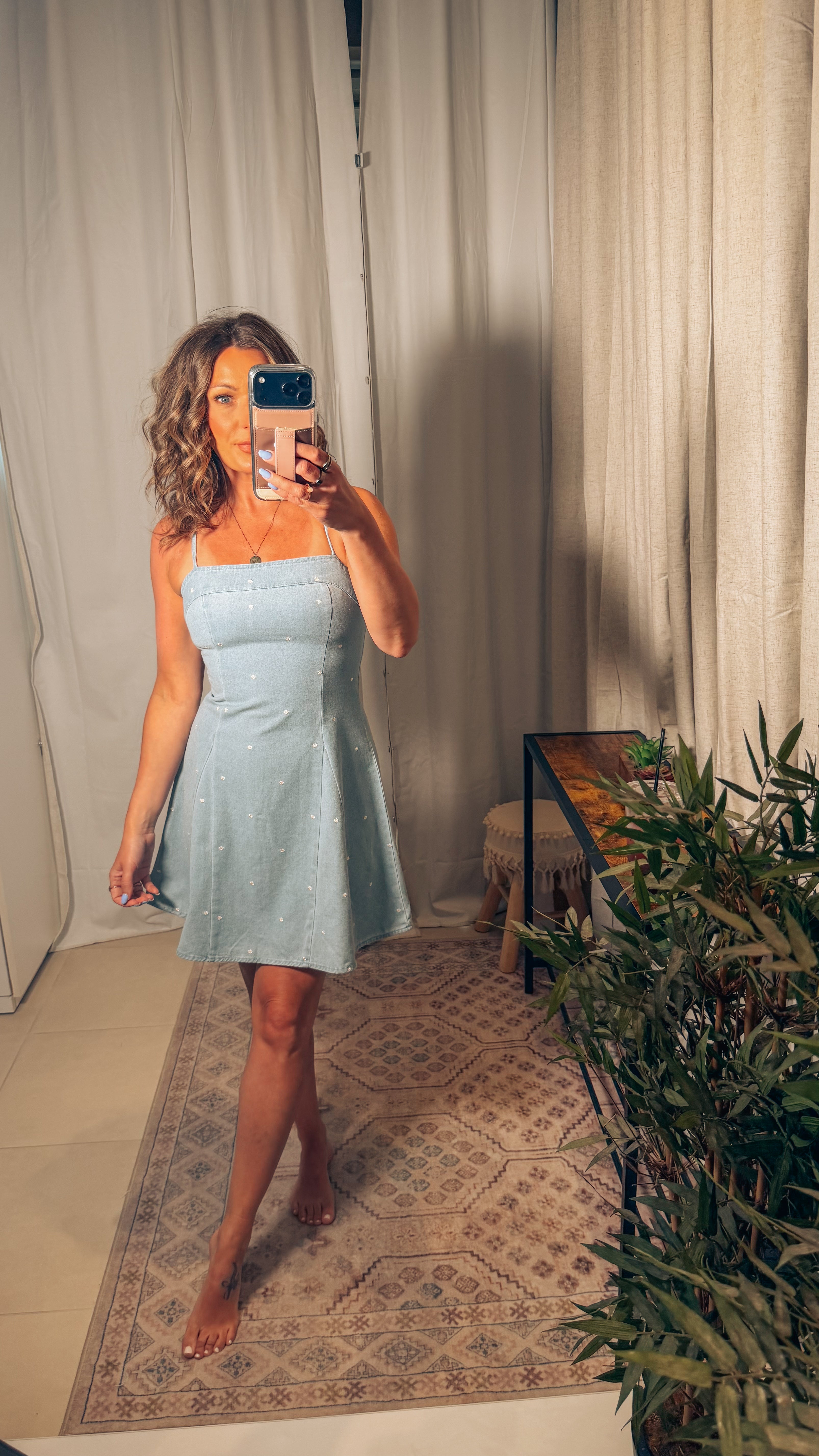 Polka Dot Cami Mini Dress: Denim