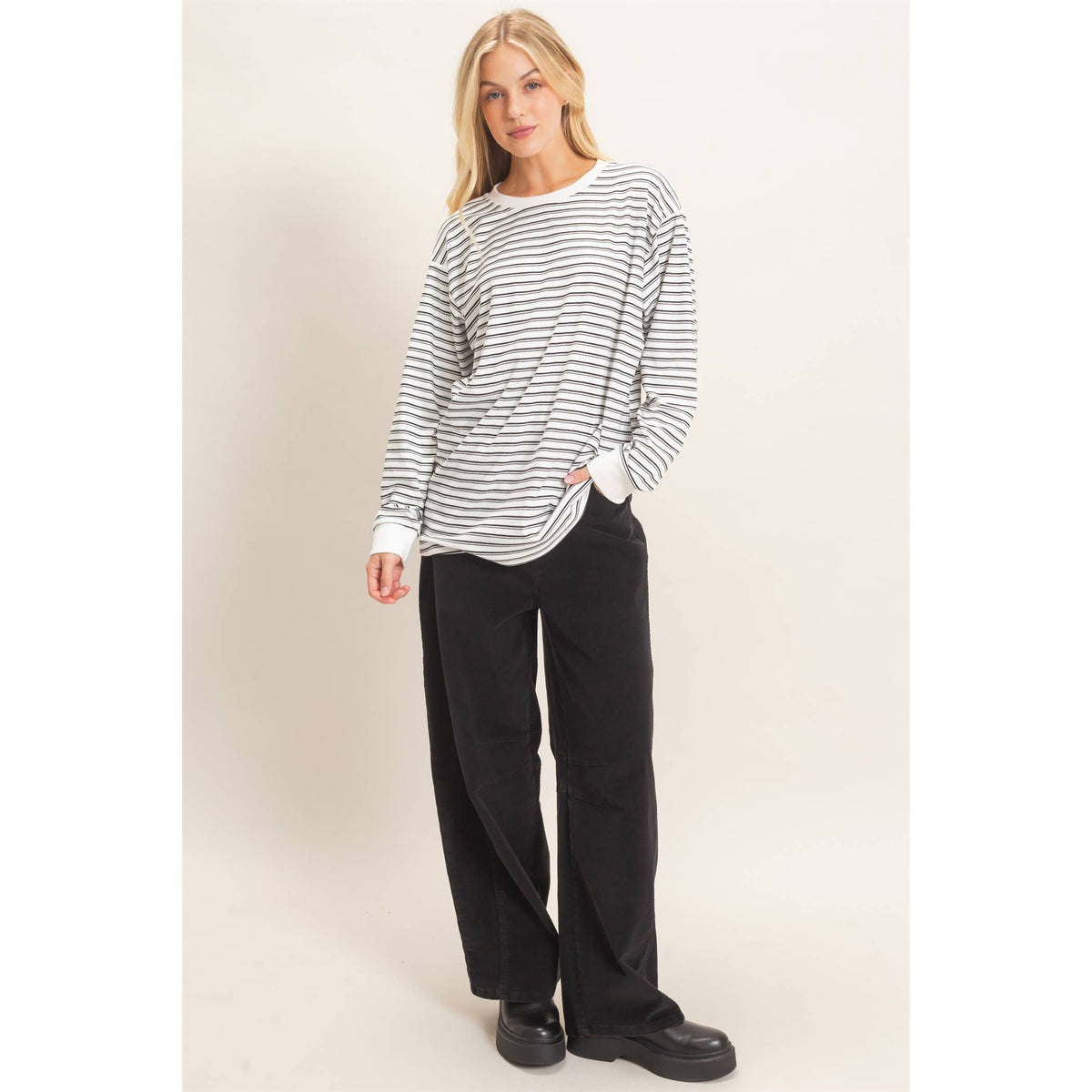 Striped Crew Neck Top: White