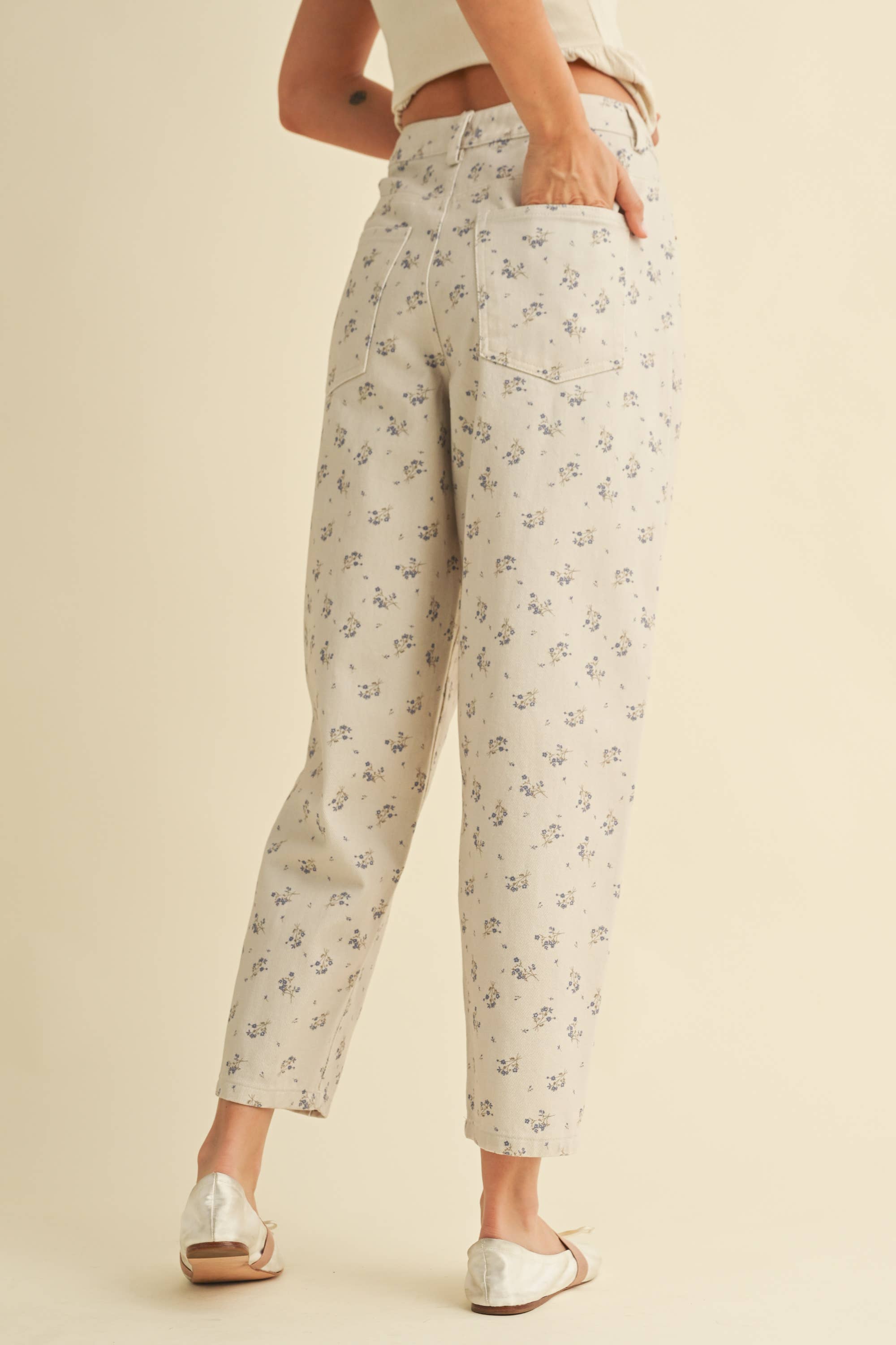 Floral Denim Pants: Cream