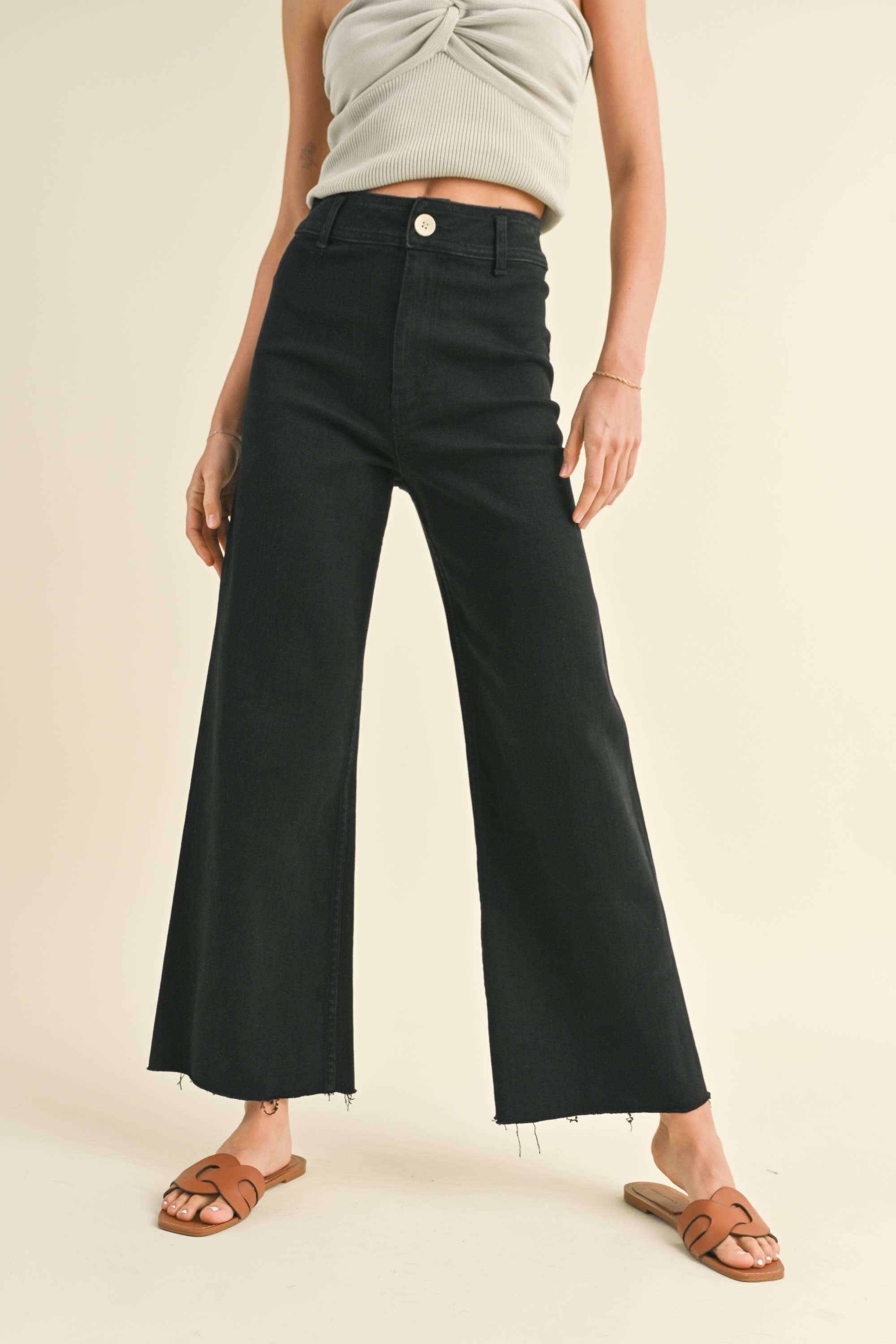 Wide Leg Denim Pants: Fade Black