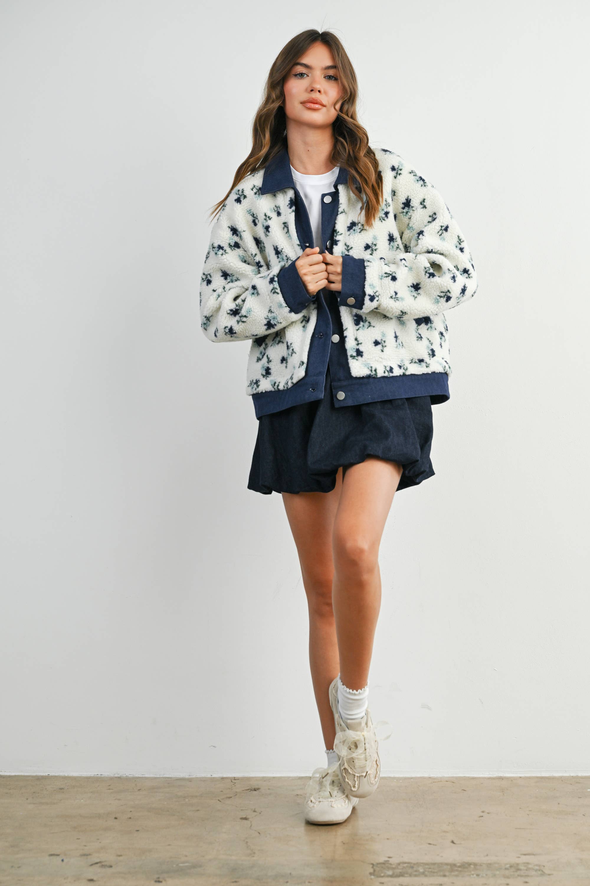 Floral  Button-Down Jacket - Navy