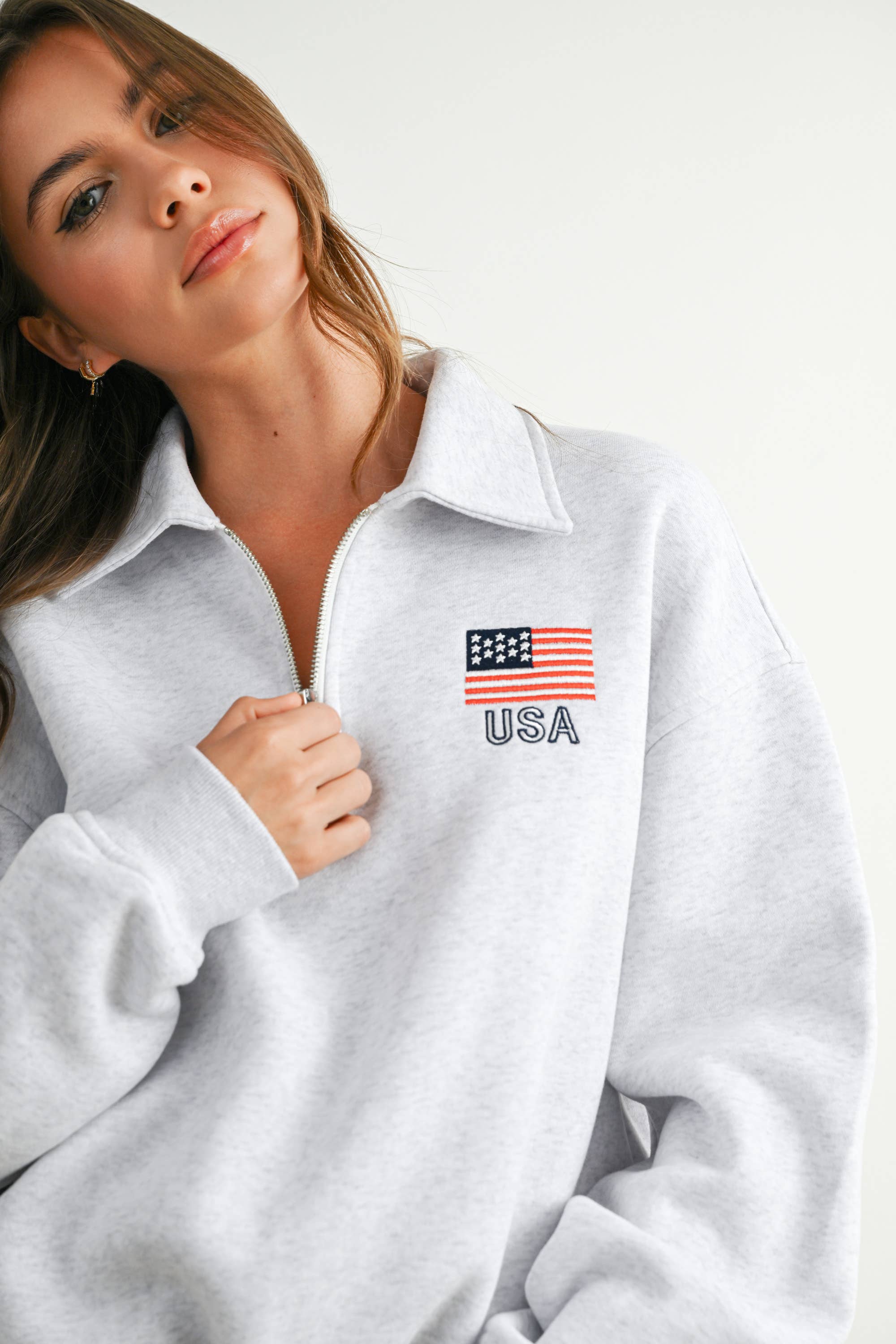USA Collared Quarter-Zip Top: Grey