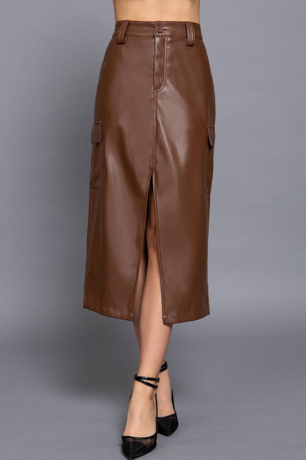 Faux Leather Cargo Skirt: Warm Brown