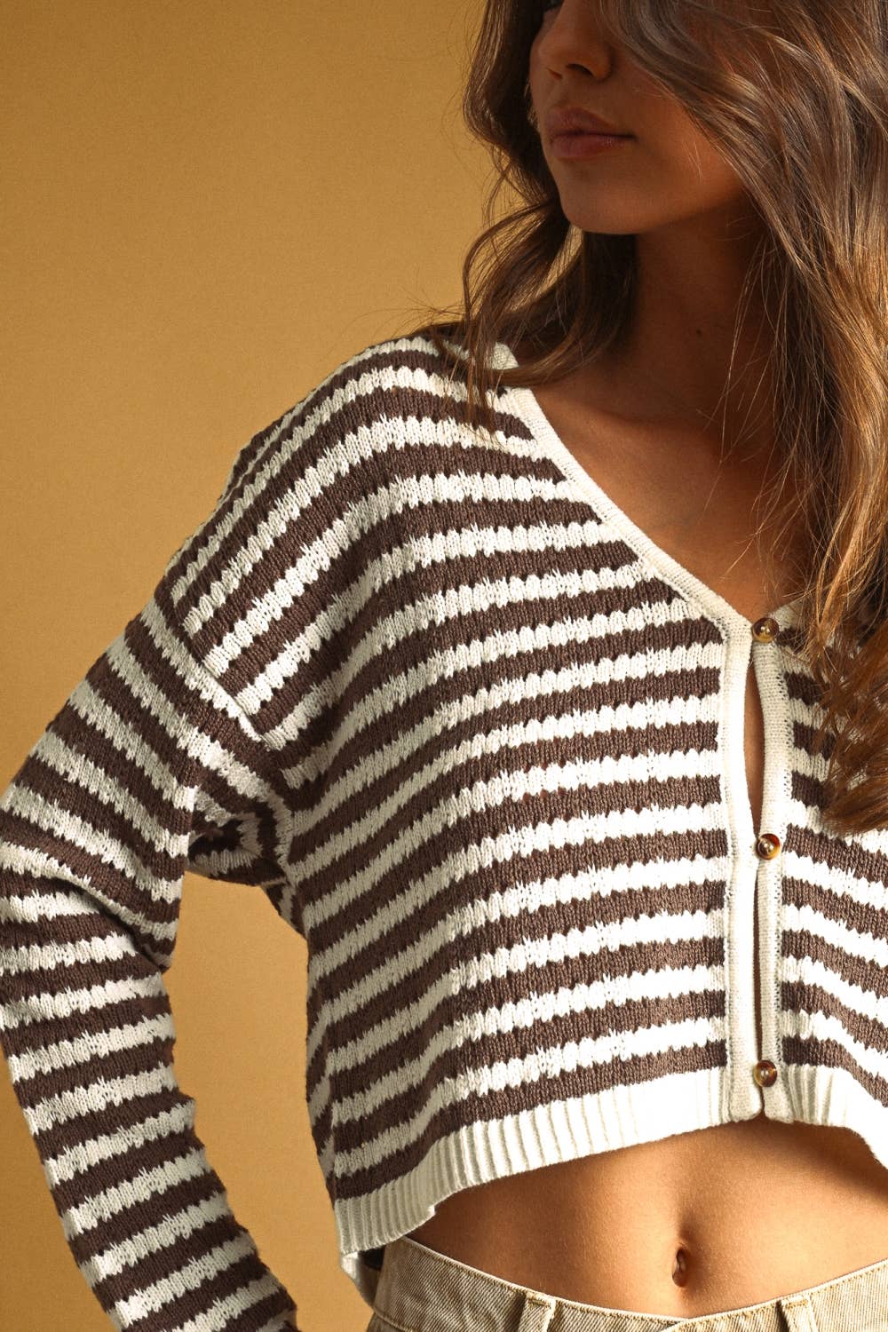 Crochet Knitted Cardigan: Brown/Cream