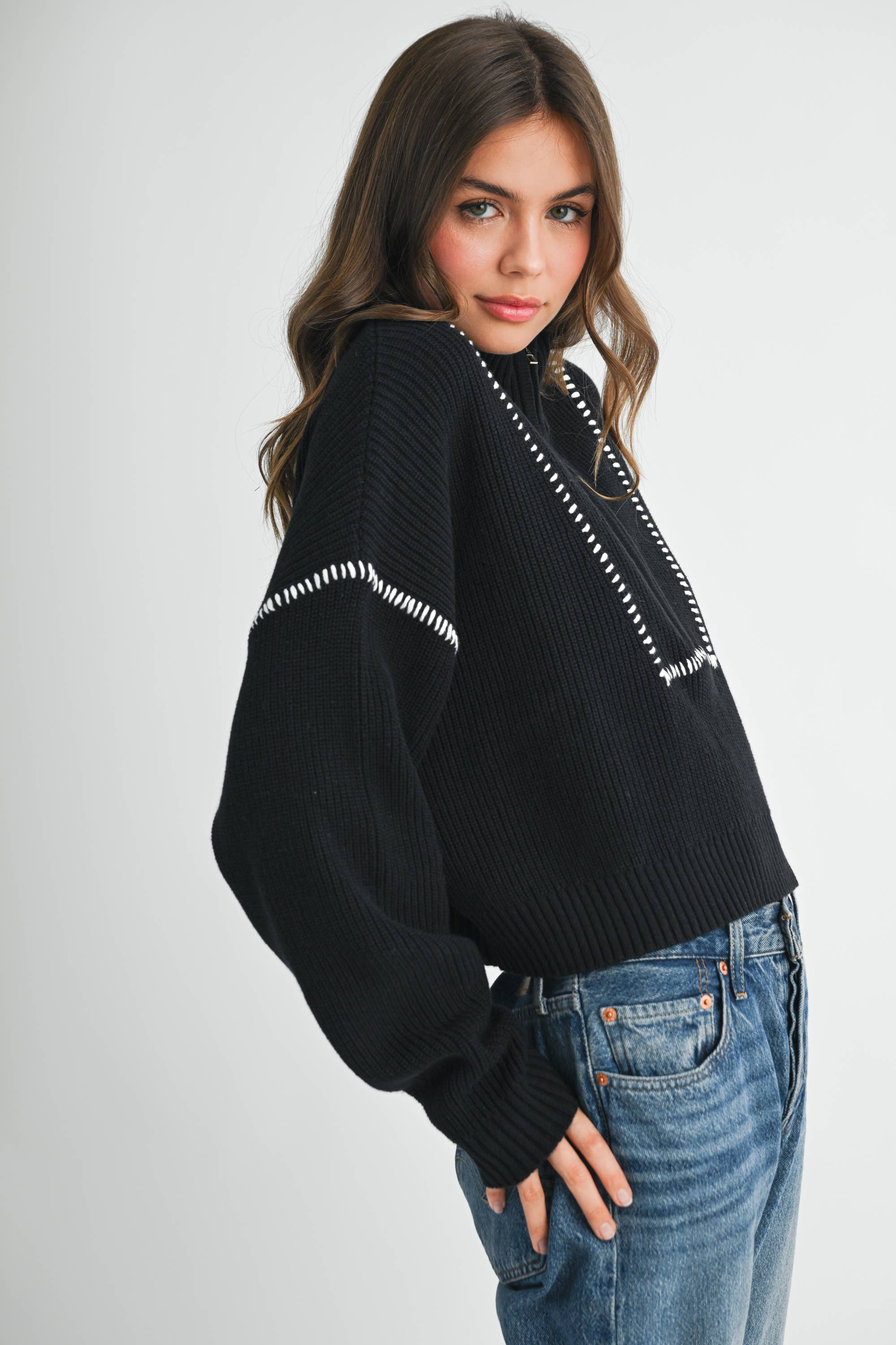 Contrast Stitch Sweater: Black