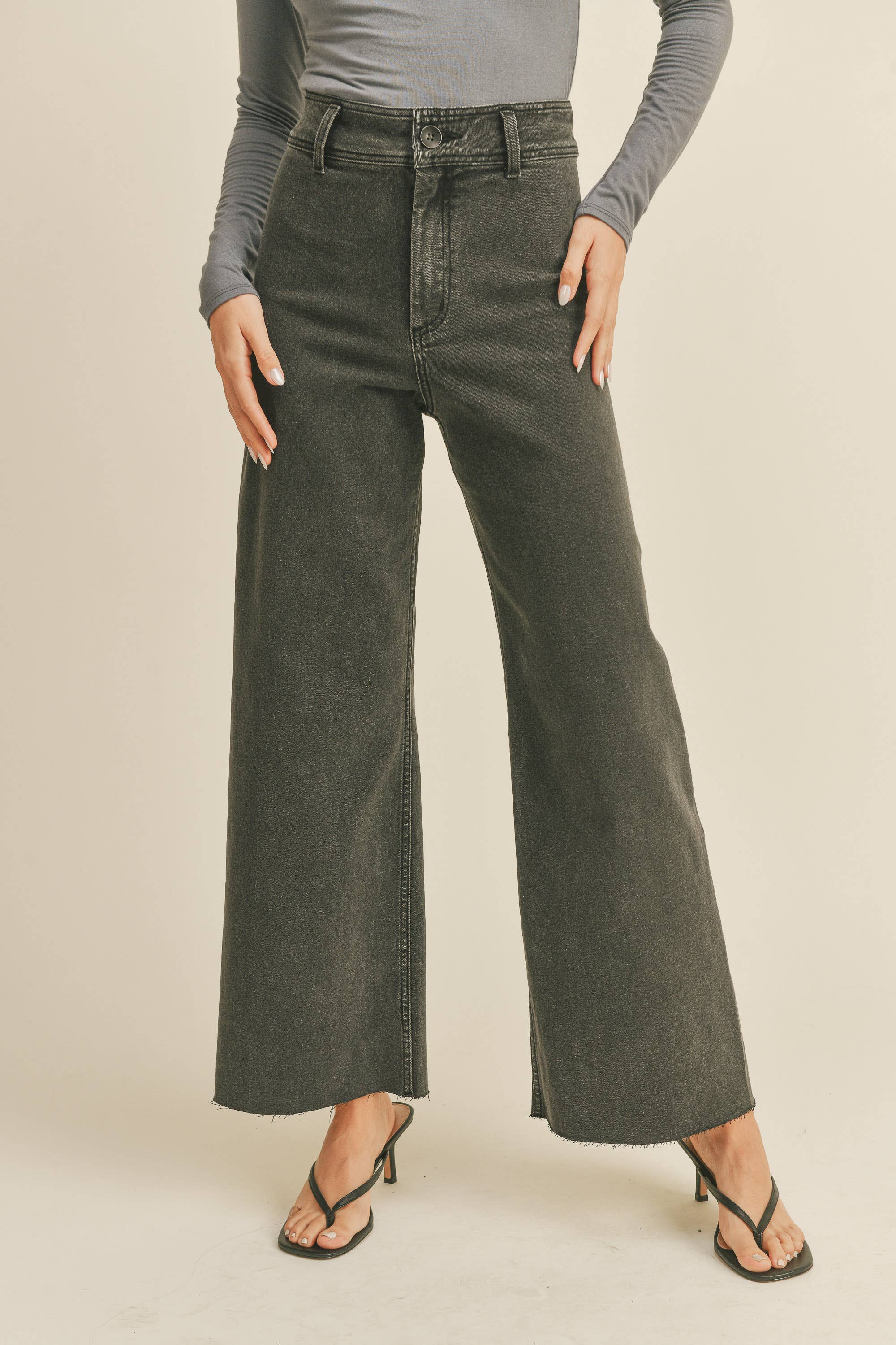 Wide Leg Denim Pants: Black