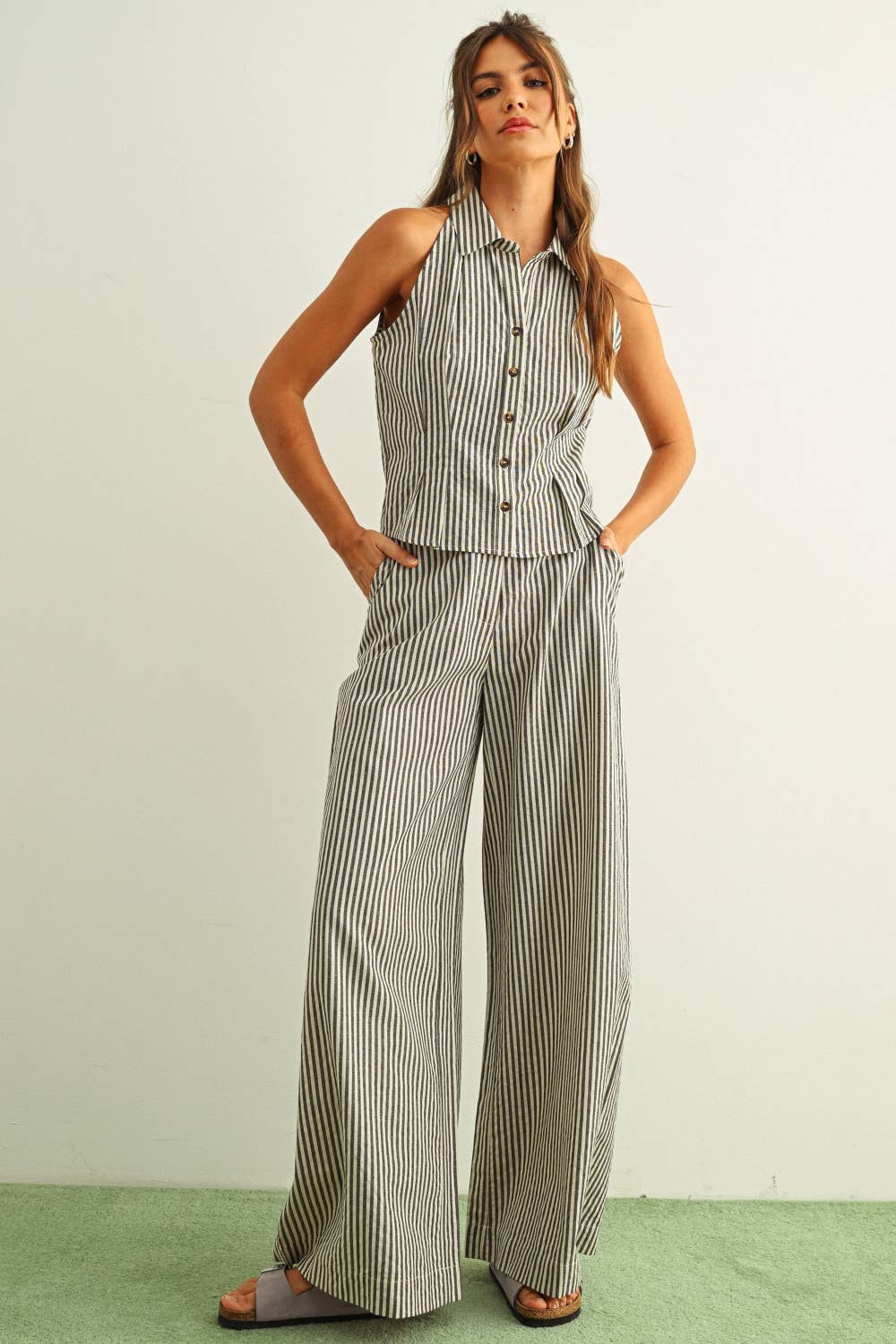 Striped Collard Blouse: Brown