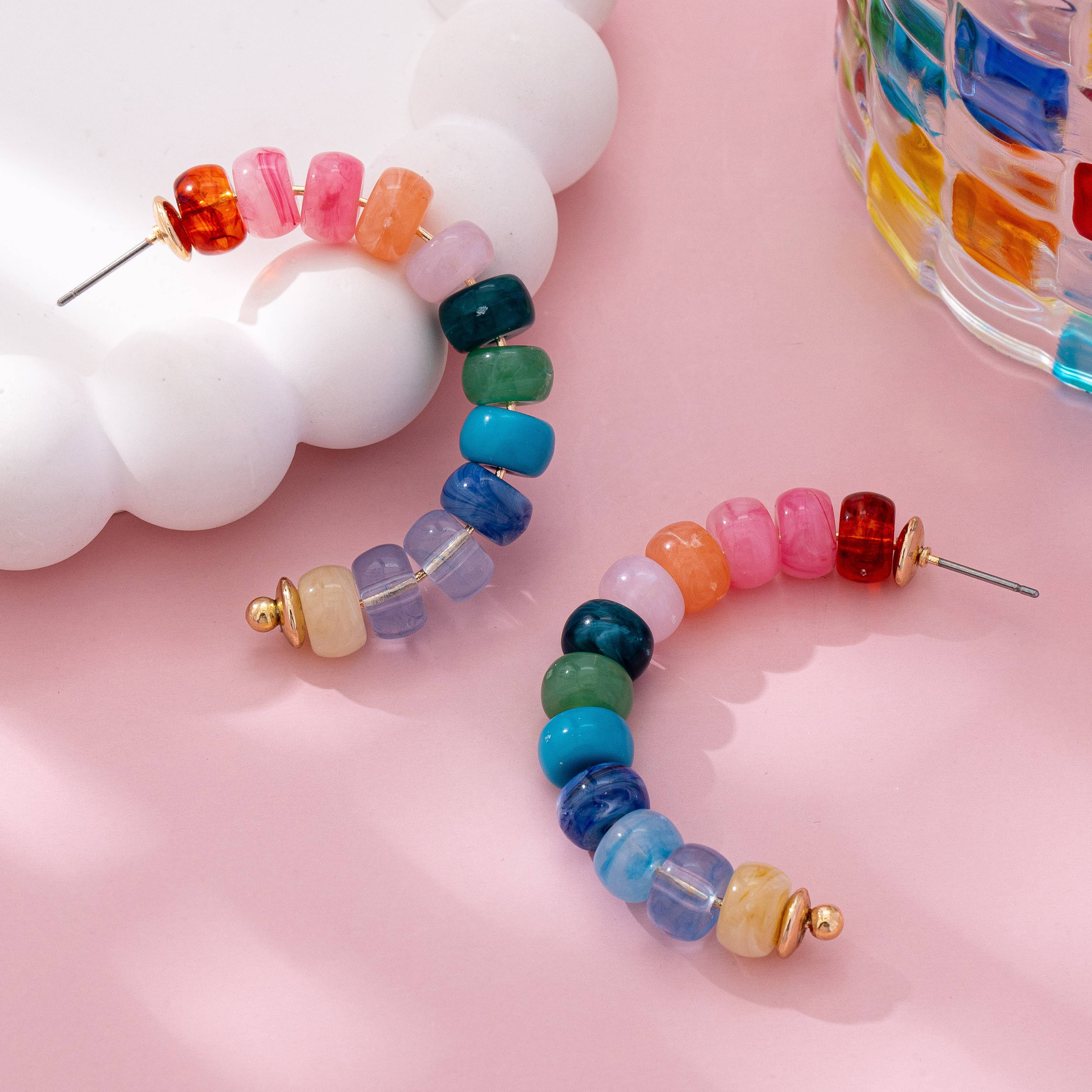 Rainbow Beaded Hoop Earrings:
