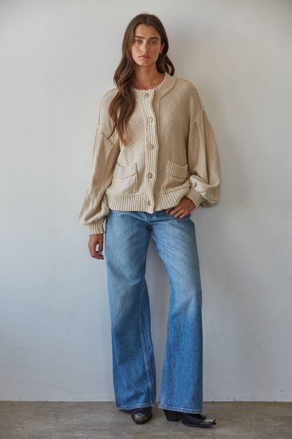 Knit Balloon Sleeve Cardigan: Sand