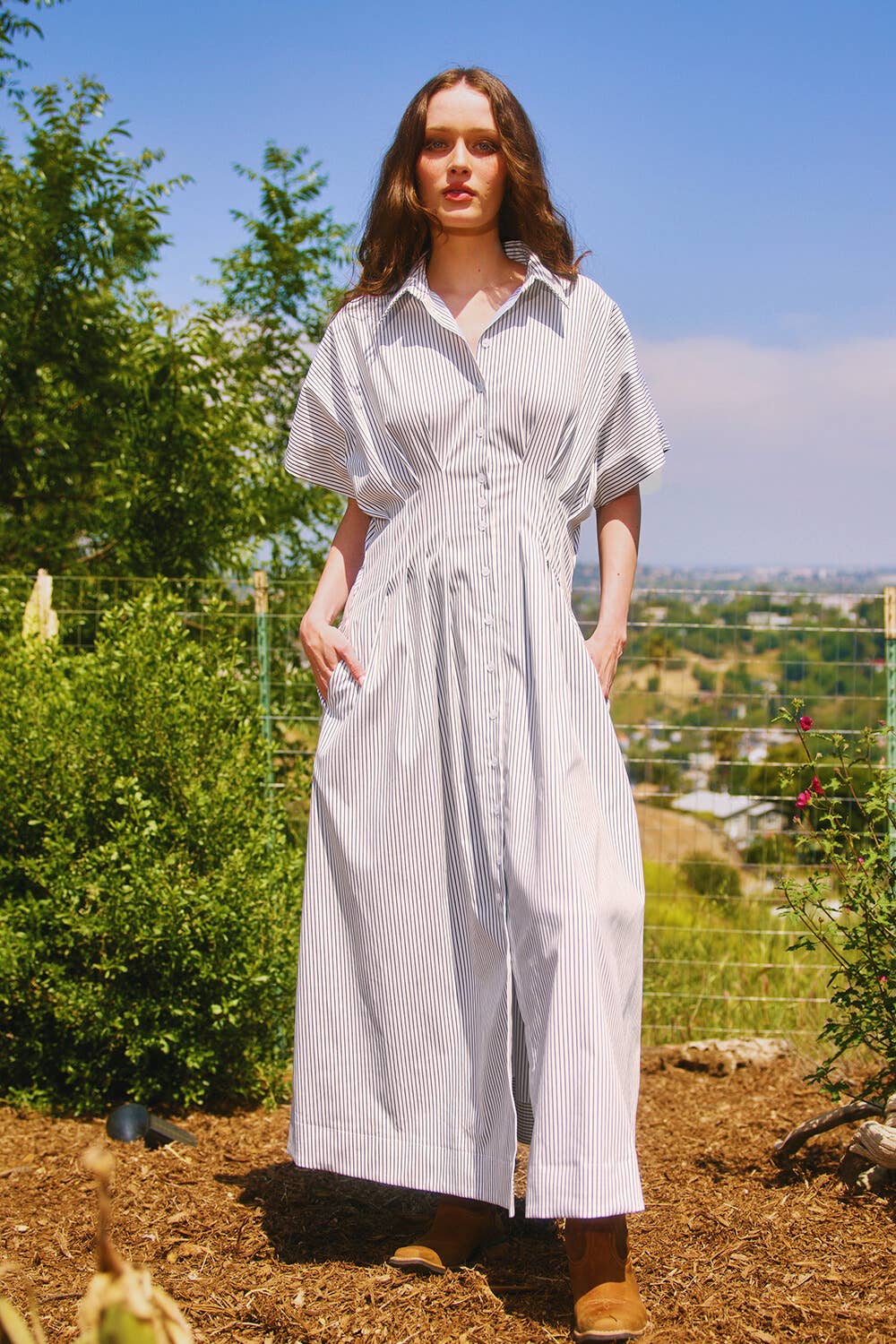 Pin-stripe Midi Dress:Ivory/Black