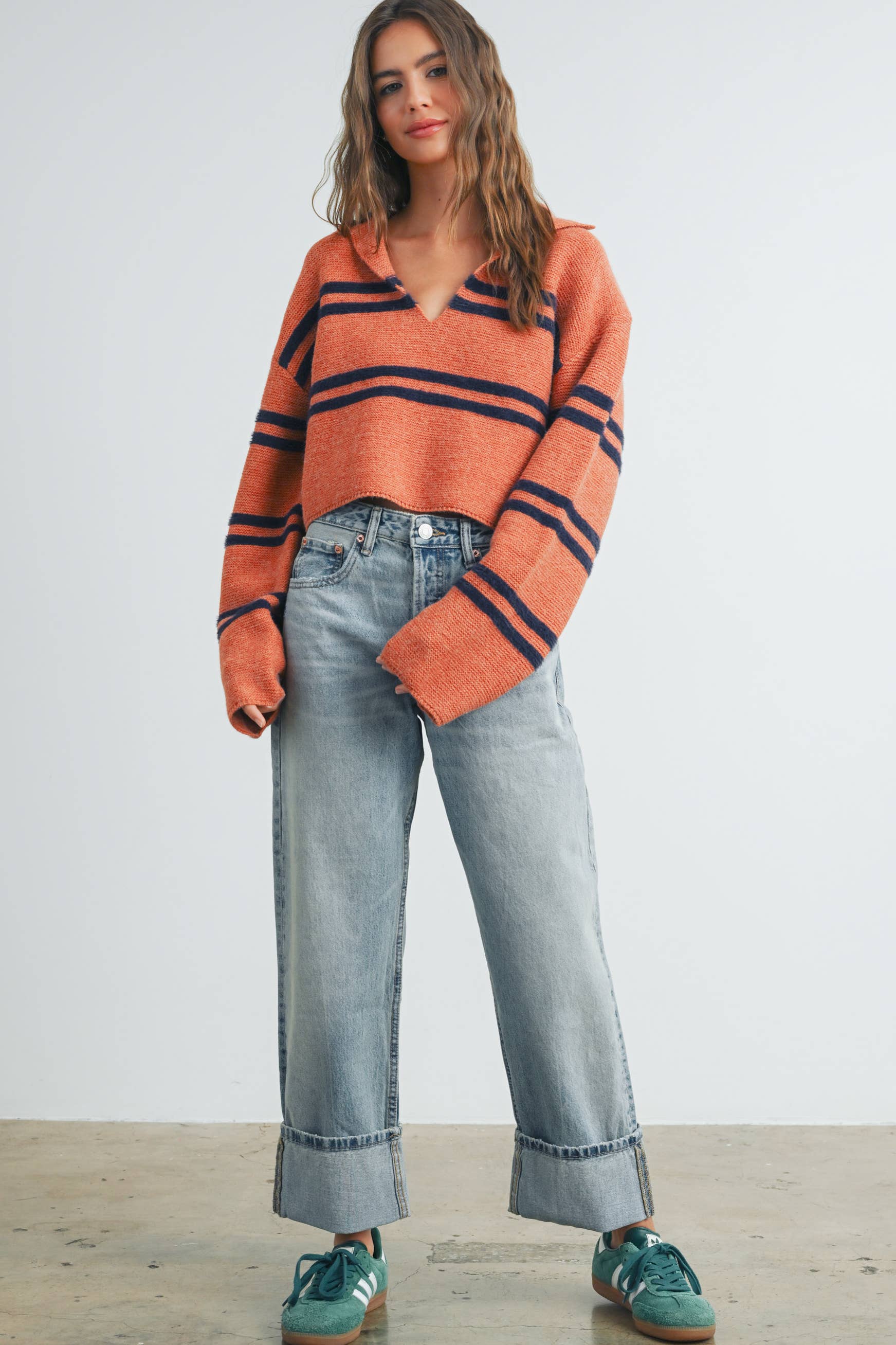Stripe Crop Collar Sweater-Ivory/Black