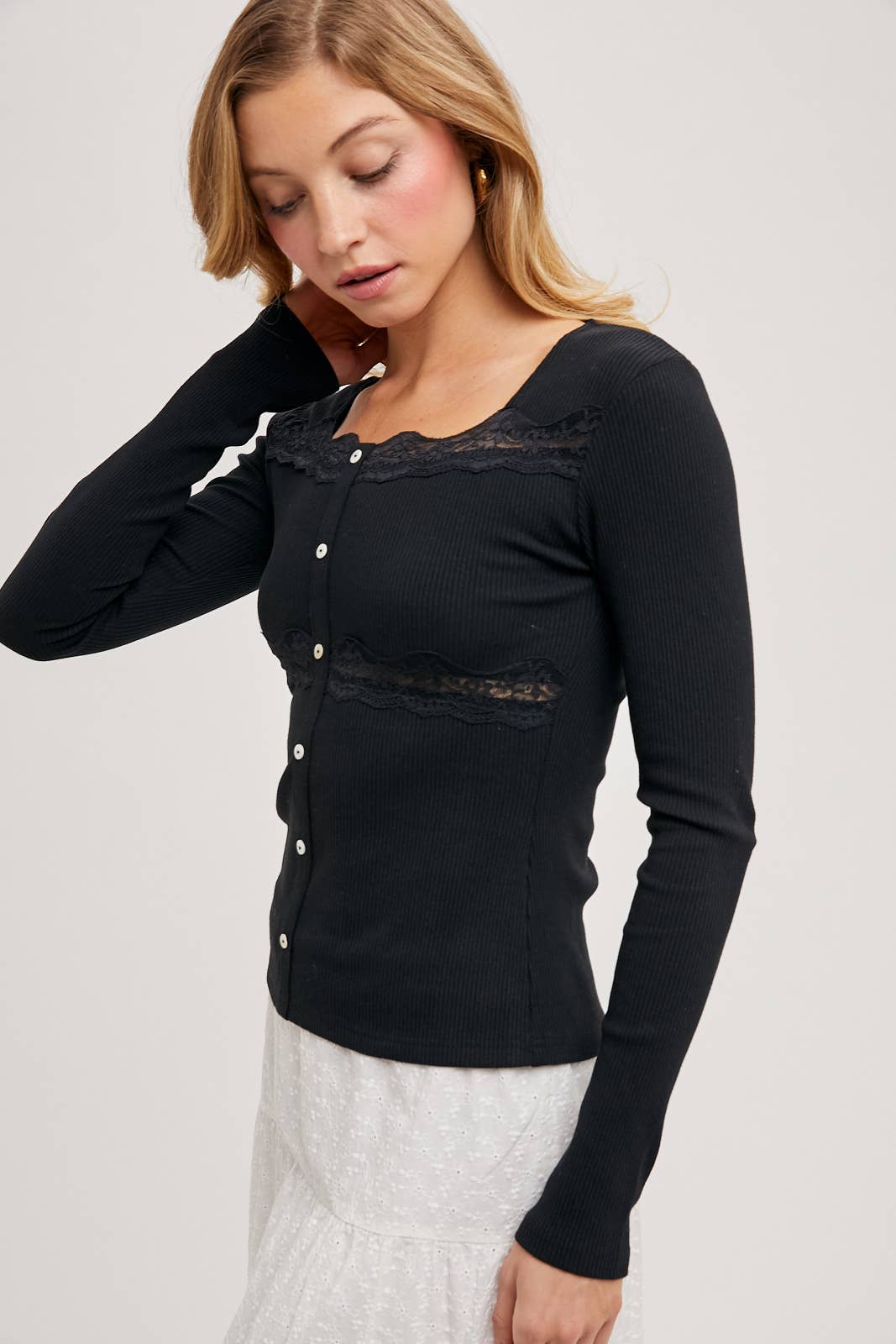 Ribbed Lace Knit Top: Sand