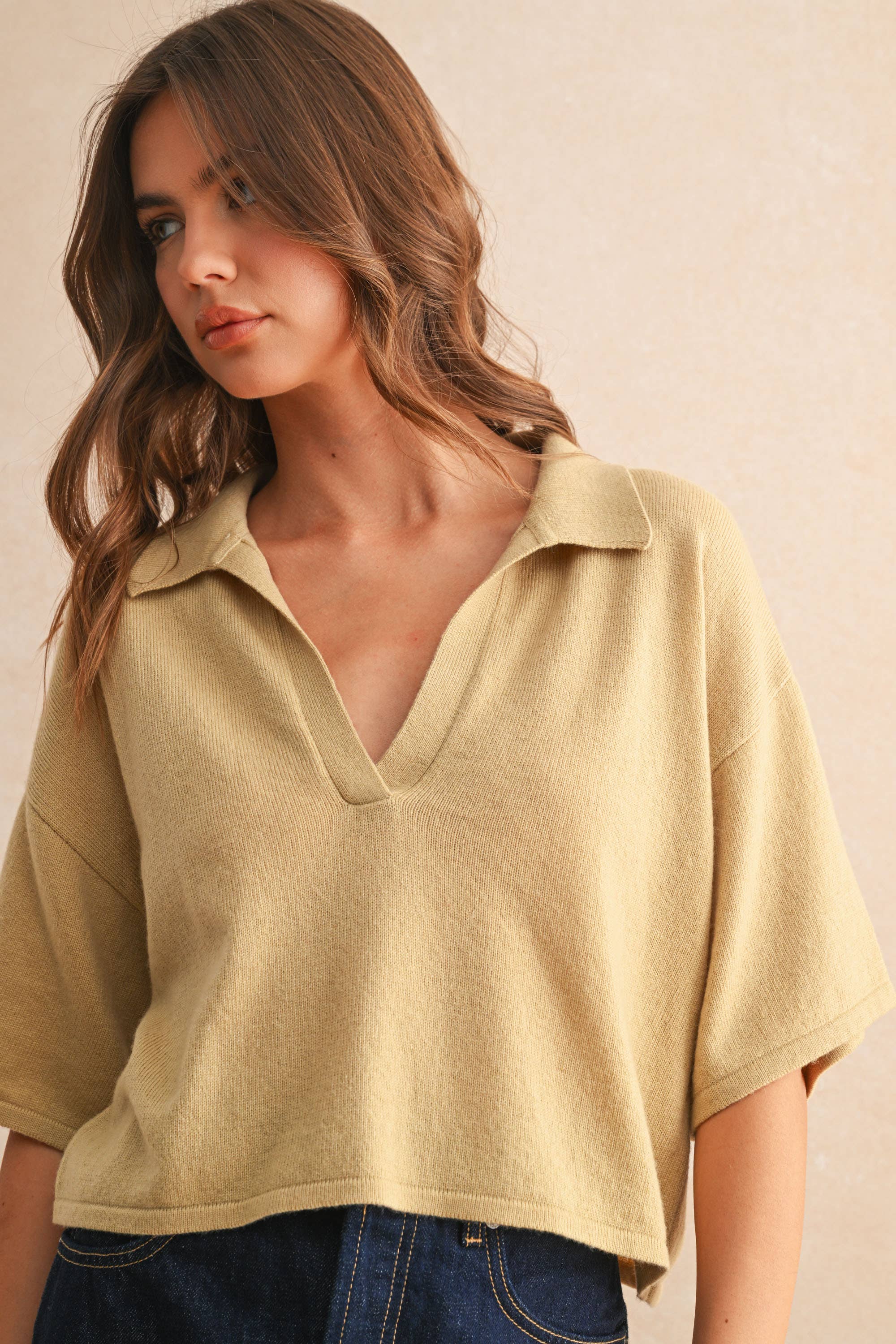 Crop Knit Polo Shirt: Charcoal