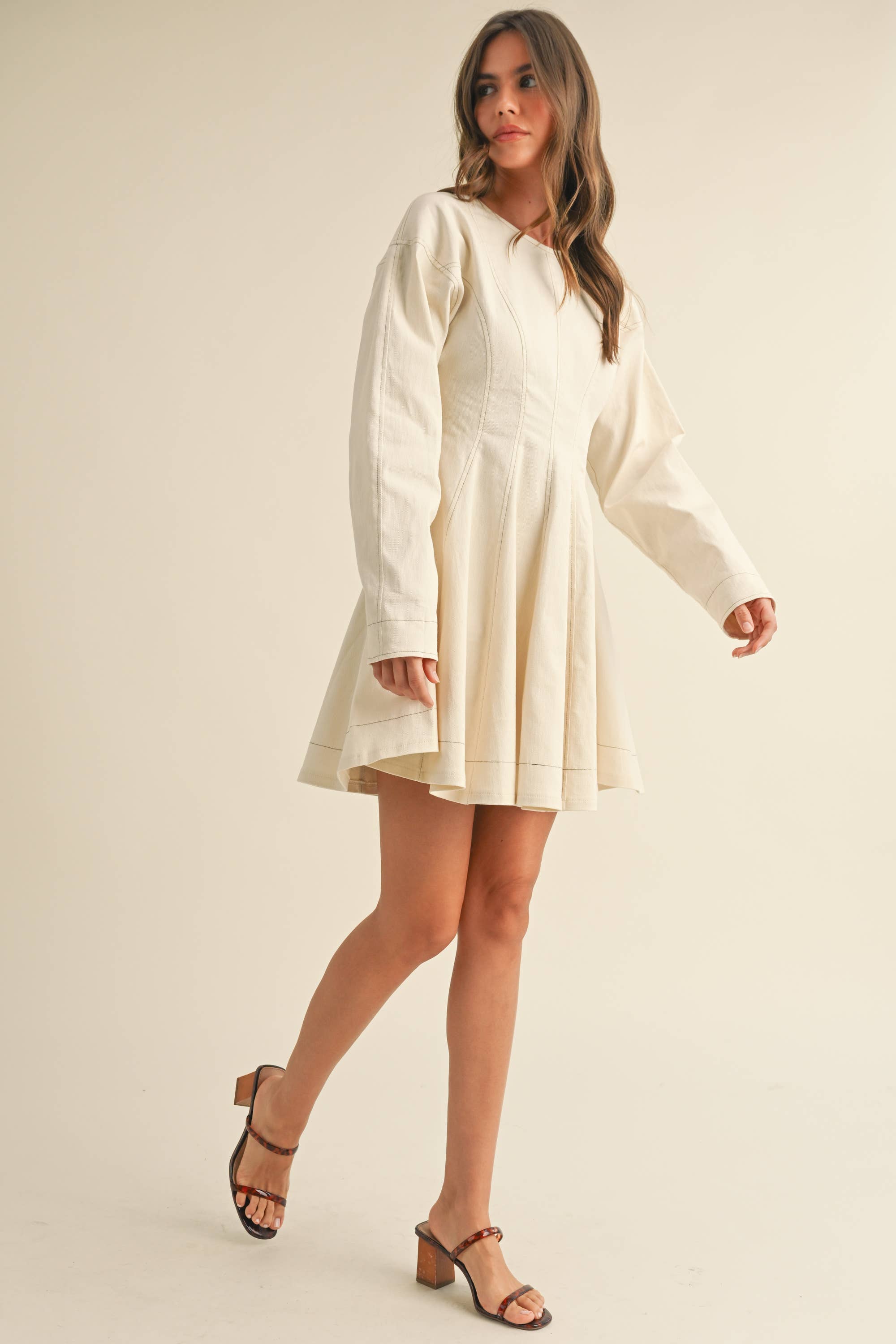 Flared Denim Mini Dress: Cream