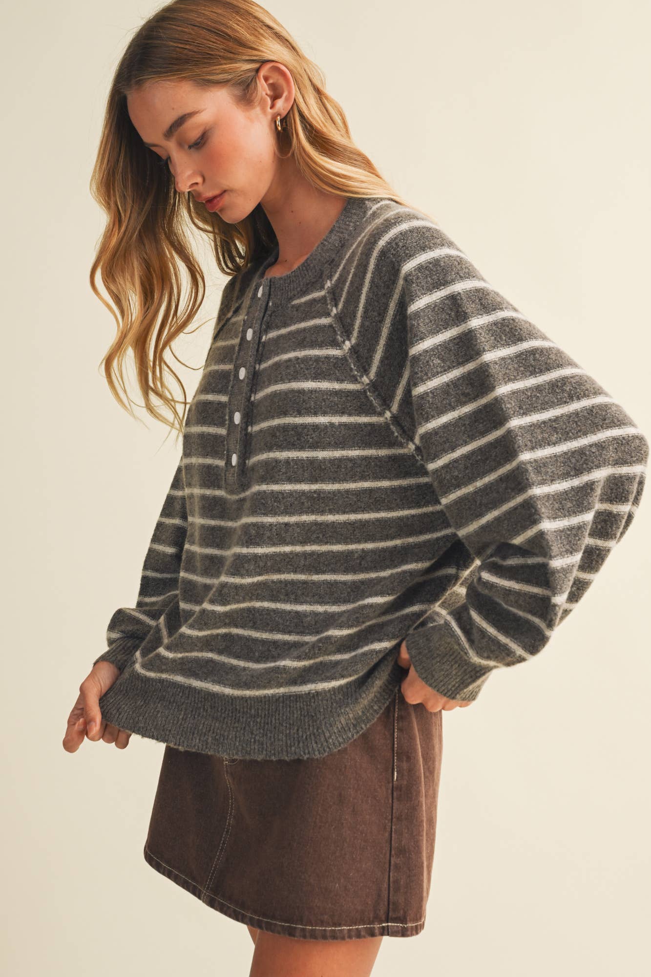 Placket Stripe Pullover: Brown