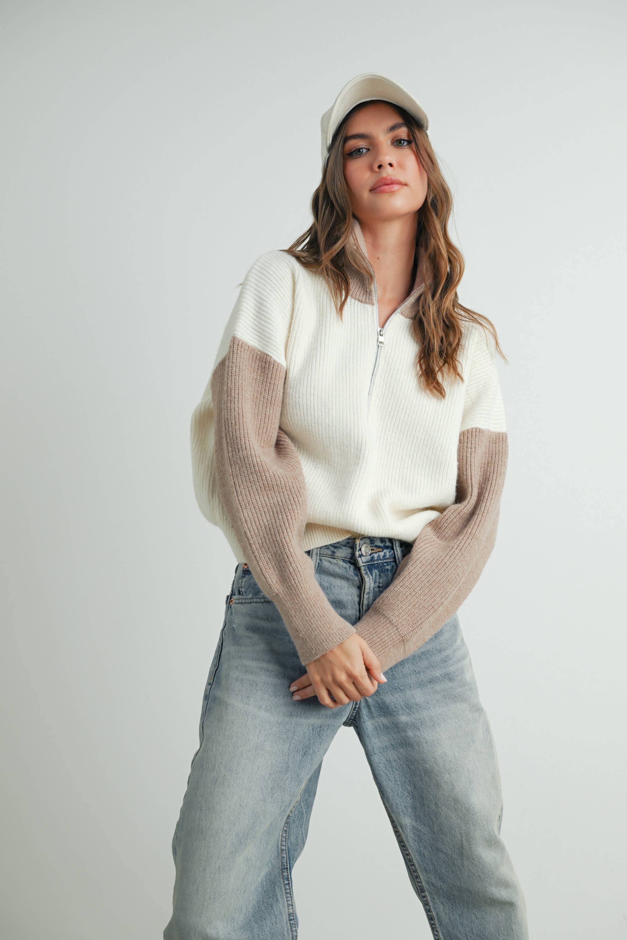 Color Block Pullover-Ivory/Taupe