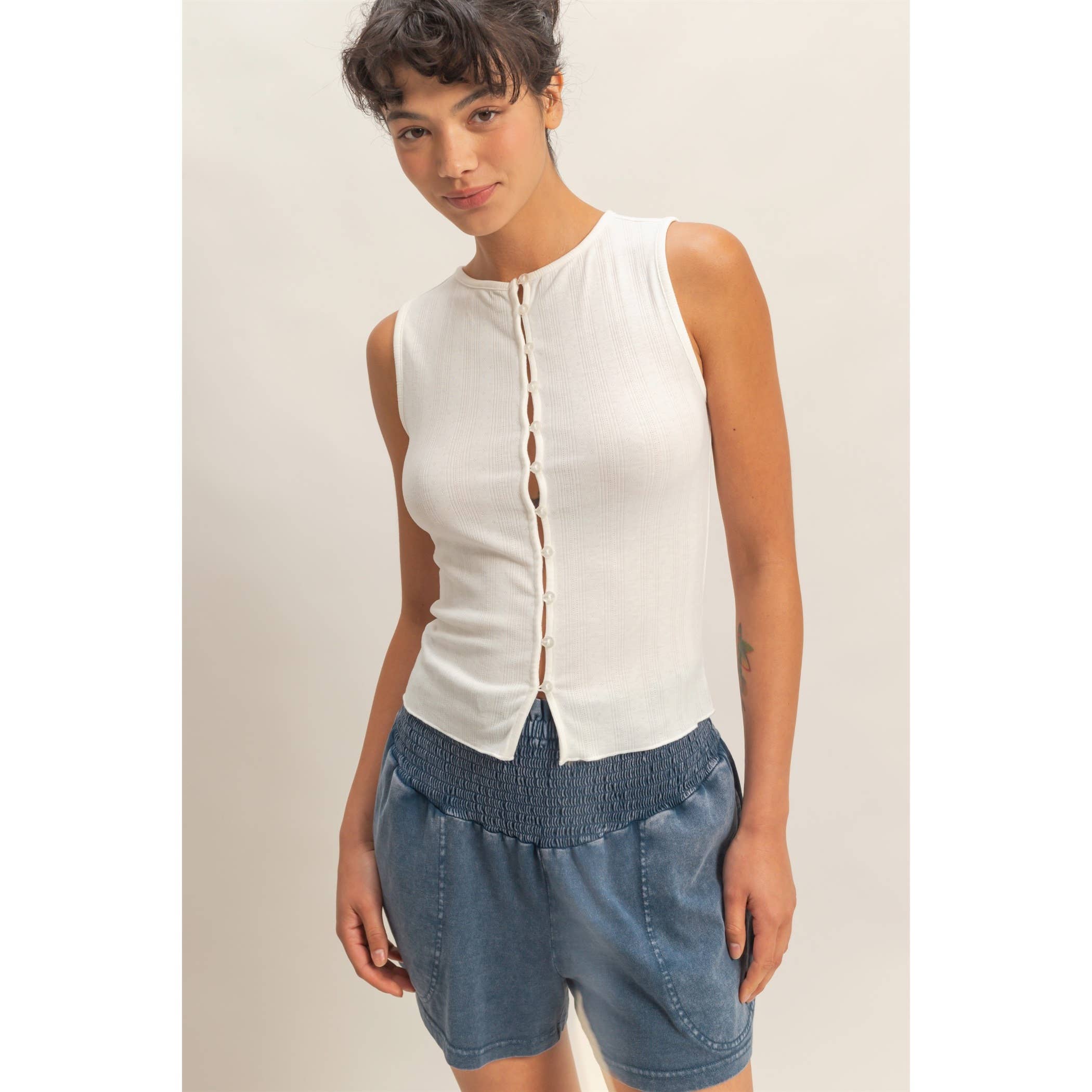 Pointelle Button Front Top: White