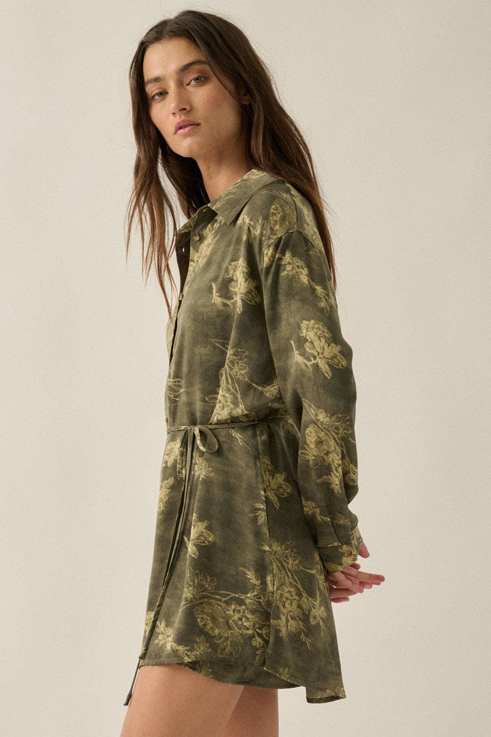 Floral Satin Belted Romper: Olive