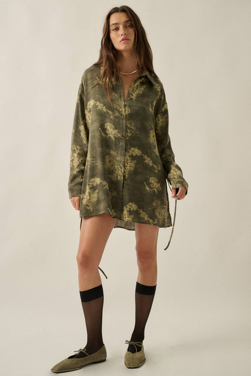 Floral Satin Belted Romper: Olive