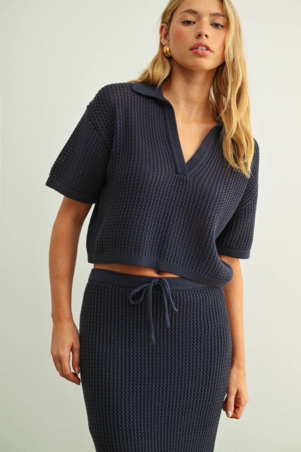 Crochet Collar Top: Navy