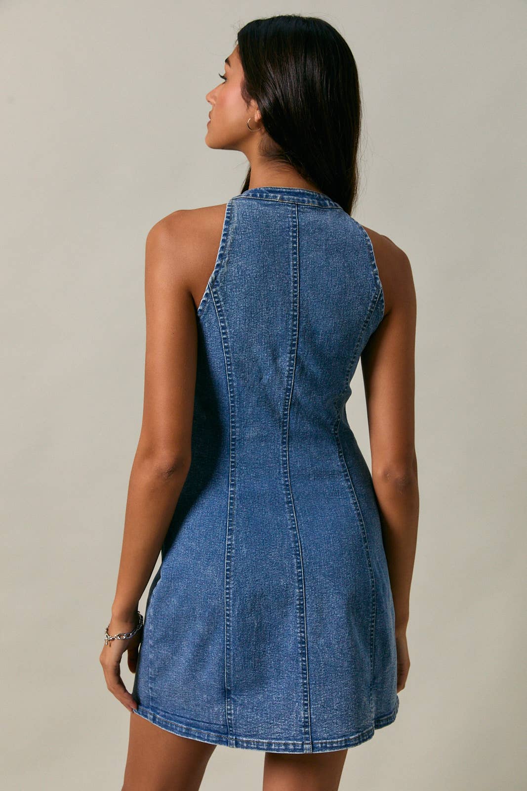 Halter Neck Denim Mini Dress:
