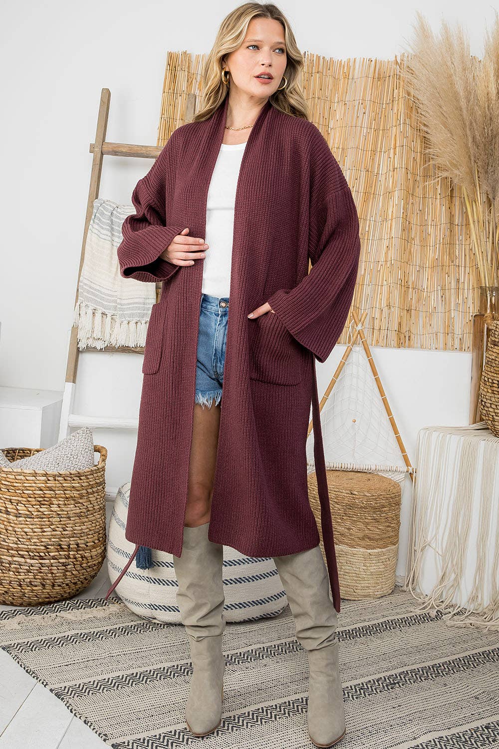Tie Front Cardigan: Raisin