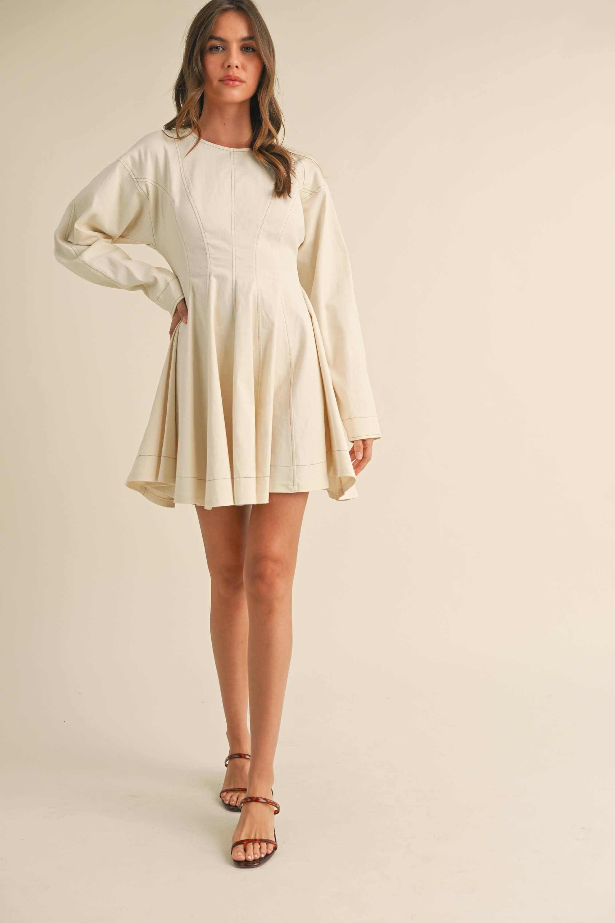 Flared Denim Mini Dress: Cream