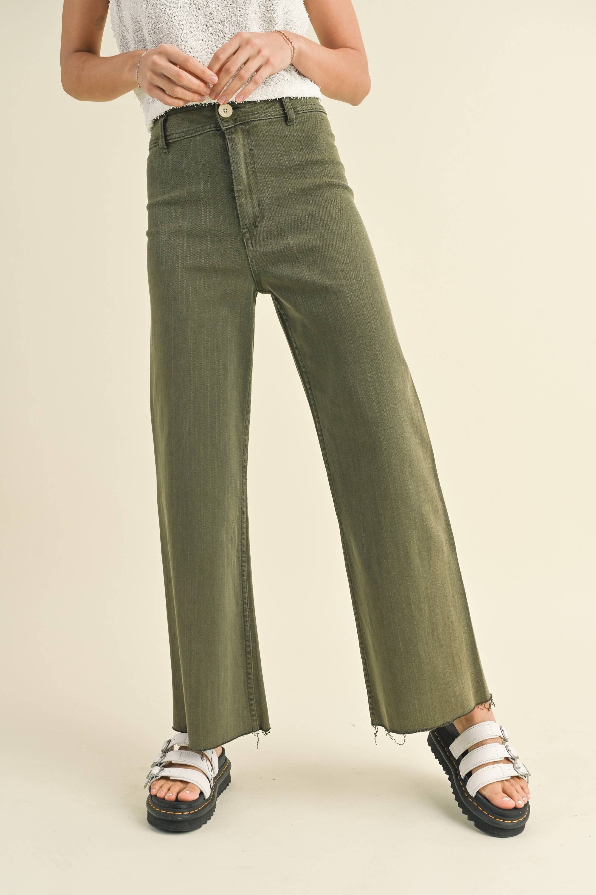 Wide Leg Denim Pants:Olive