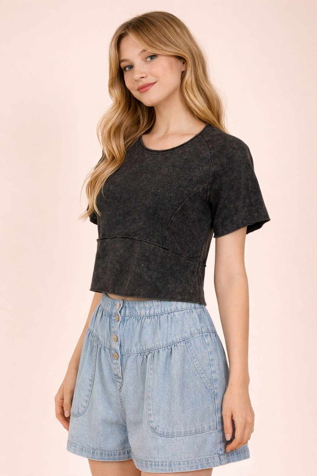 Mineral Washed Casual Top: Black