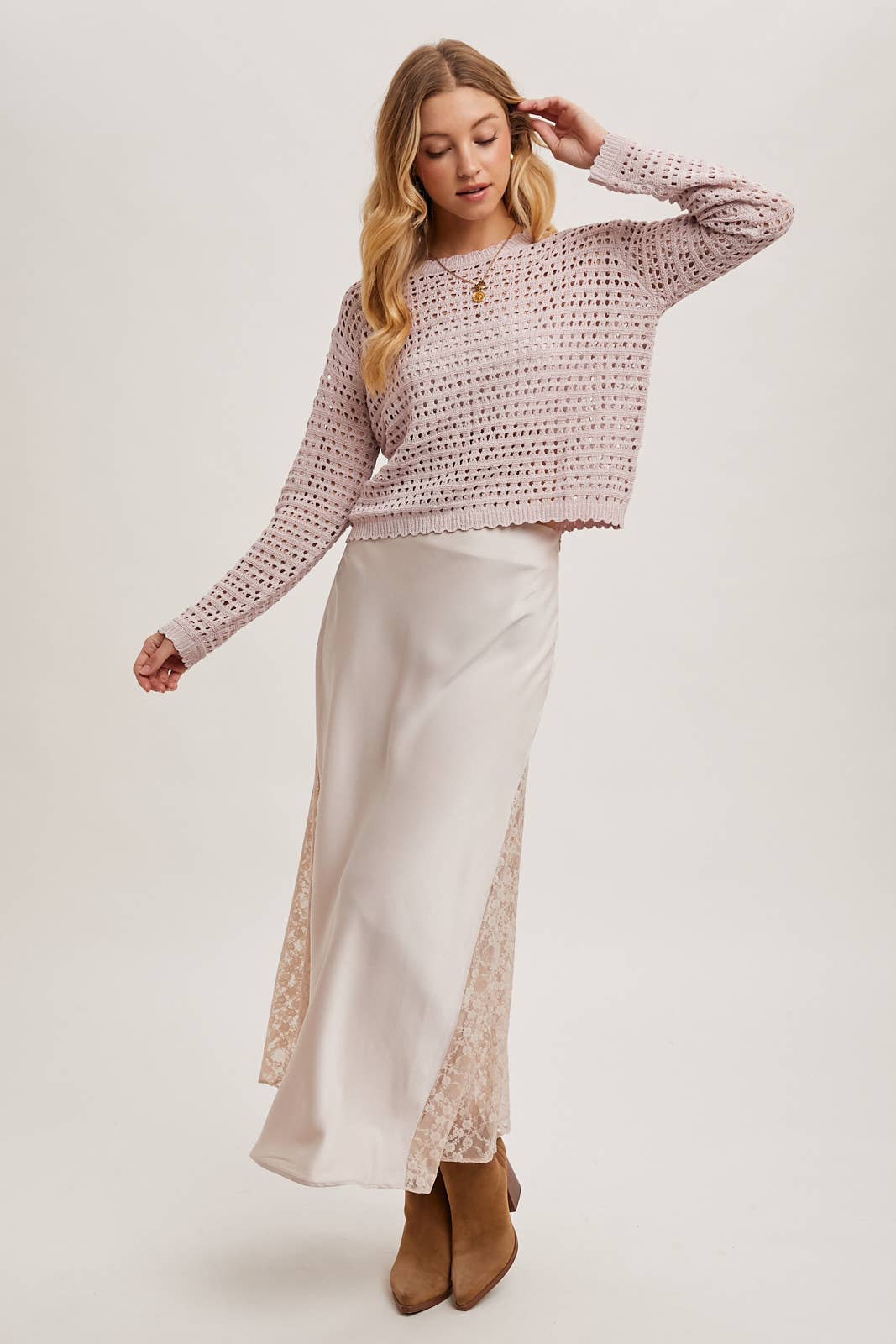 Lace Satin Midi Skirt: Pearl