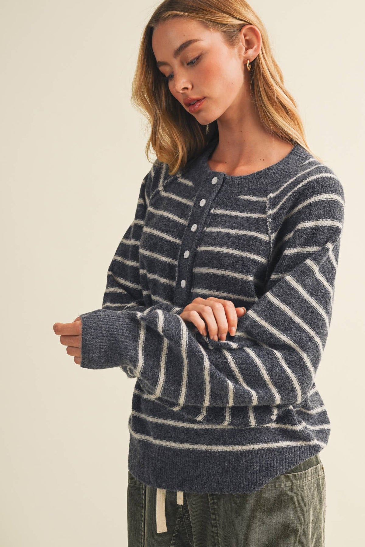 Placket Stripe Pullover: Indigo