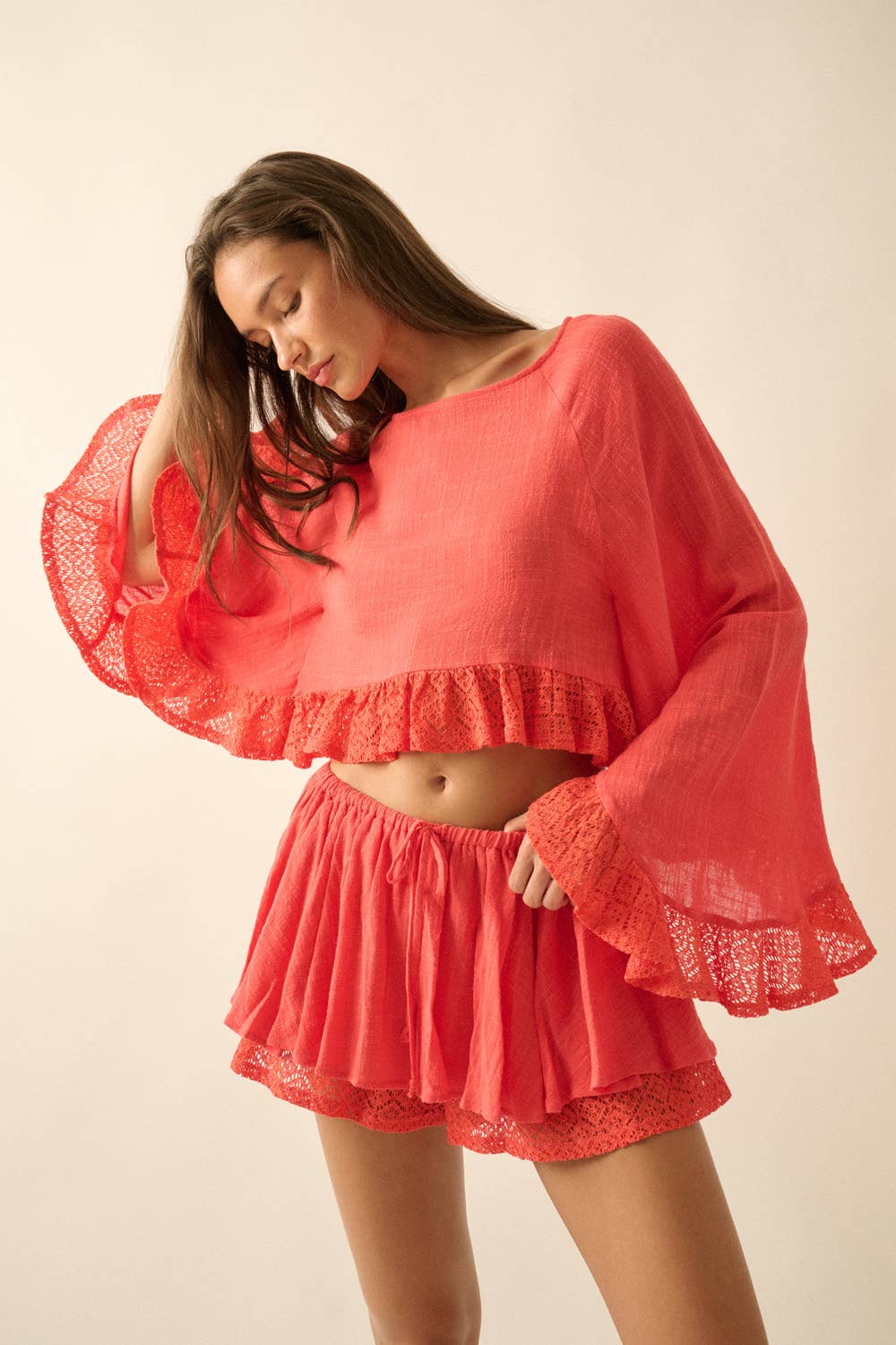 Crochet Lace Ruffle Top: Orange