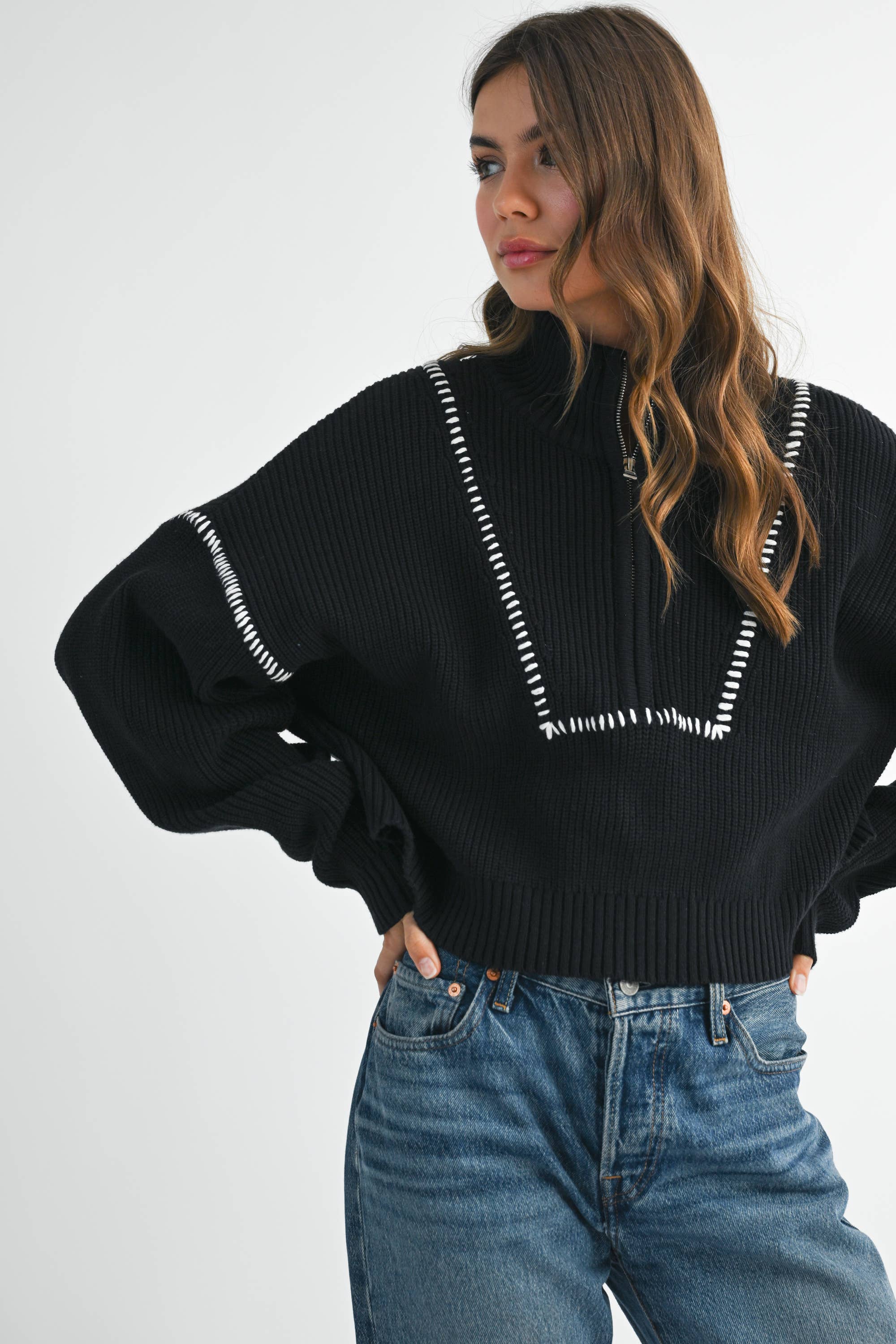 Contrast Stitch Sweater: Black